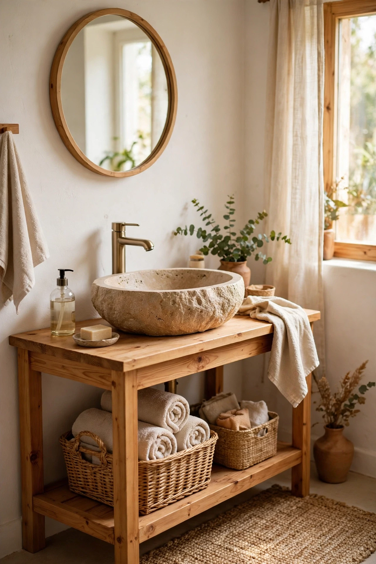 Stone vessel sink on a wooden vanity in a spa-like bathroom