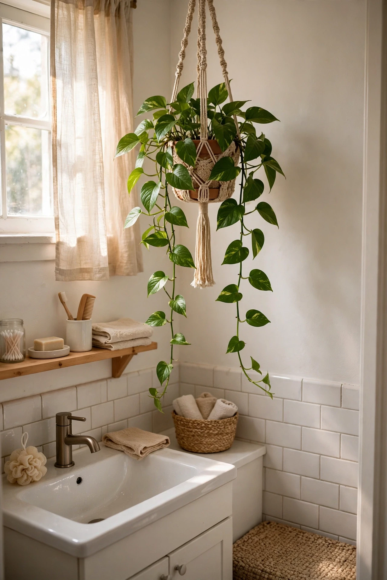 Trailing pothos plant hanging in a bright warm white bathroom