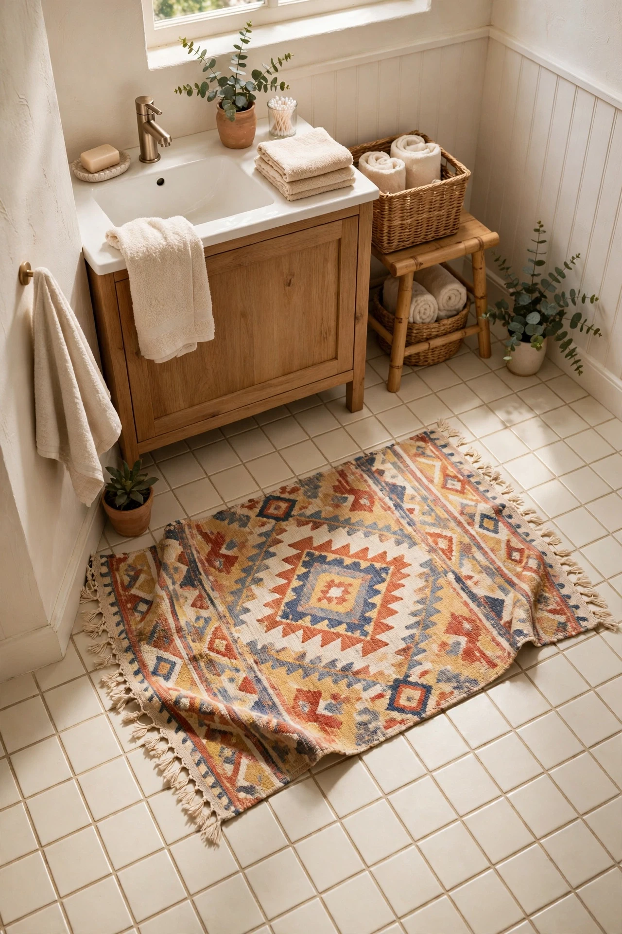 Patterned washable rug layered over cream bathroom floor tiles