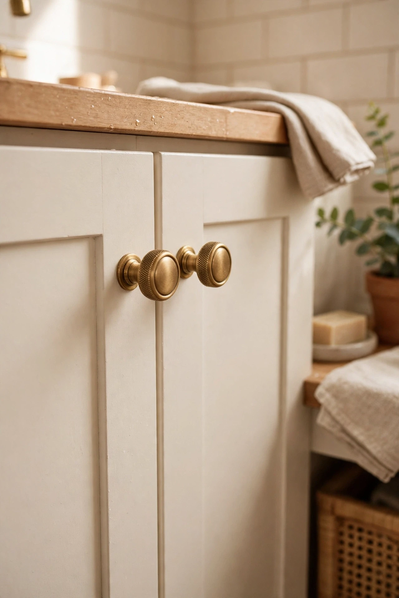 Knurled brass knobs on warm white bathroom vanity cabinets