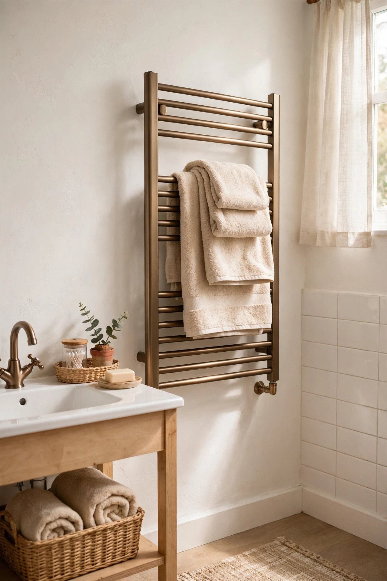 Heated towel rail in brushed bronze with warm towels in a bathroom