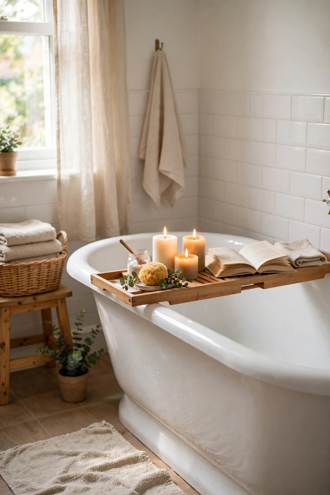 Wooden bath caddy with candles across a bathtub in a warm bathroom