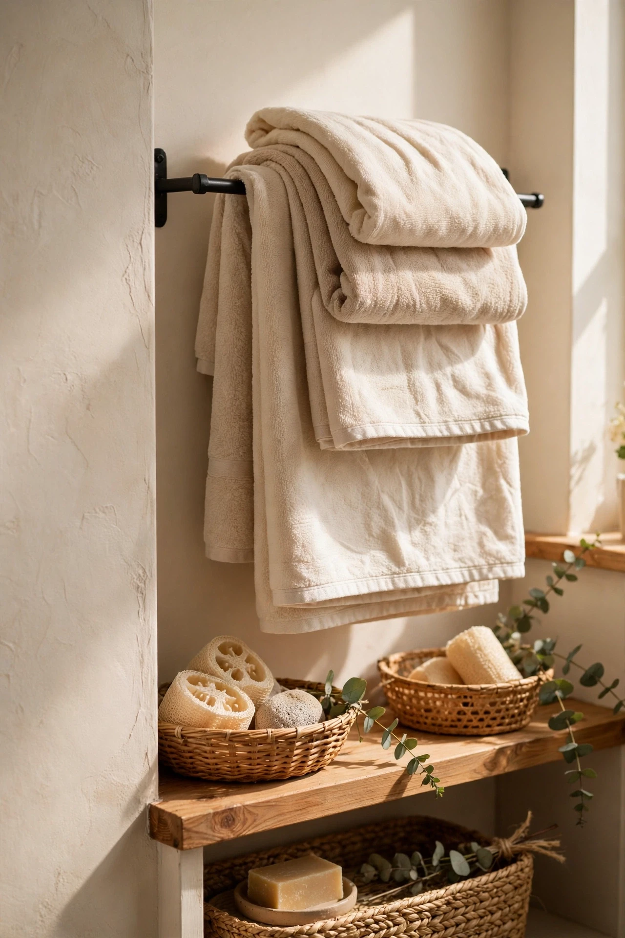 Beige and cream towels layered on a bathroom towel rail