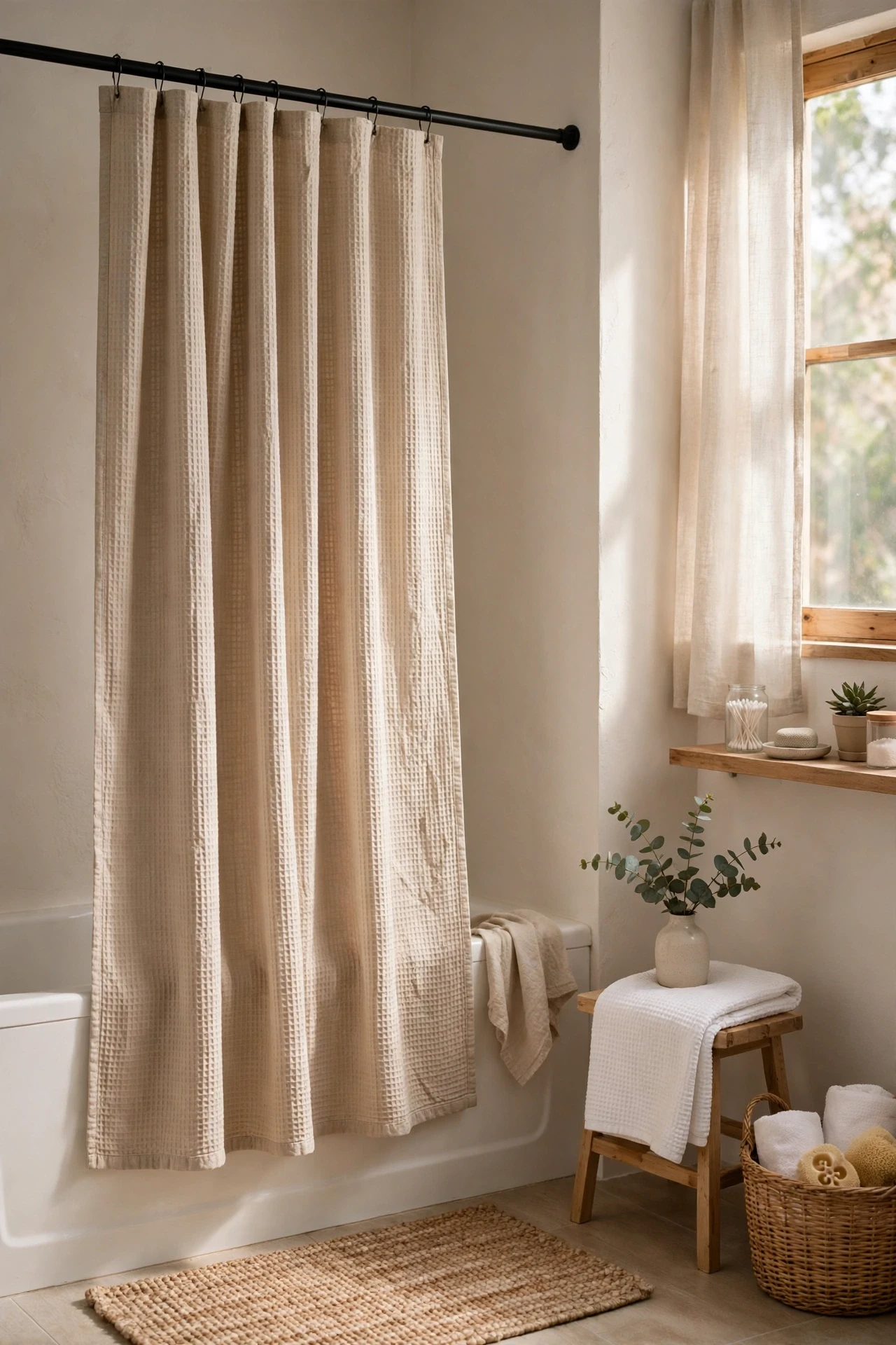 Beige waffle weave shower curtain in a soft neutral bathroom