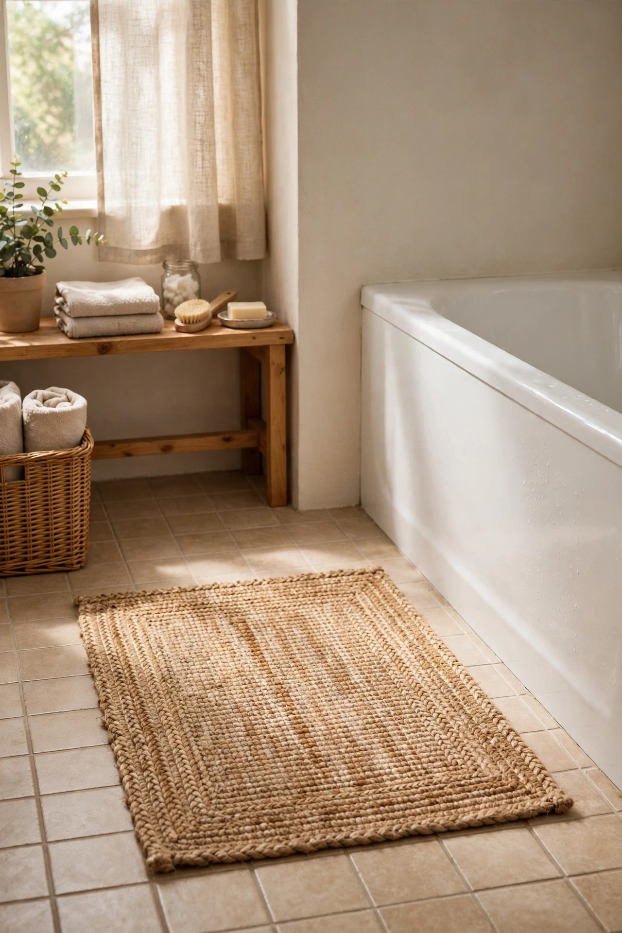 Natural jute bath rug on beige bathroom tile floor