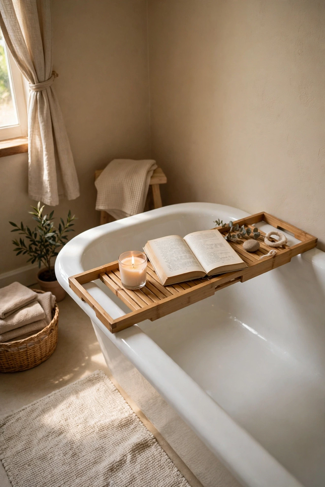 Wooden bath tray with candle and book across a bathtub in a beige bathroom