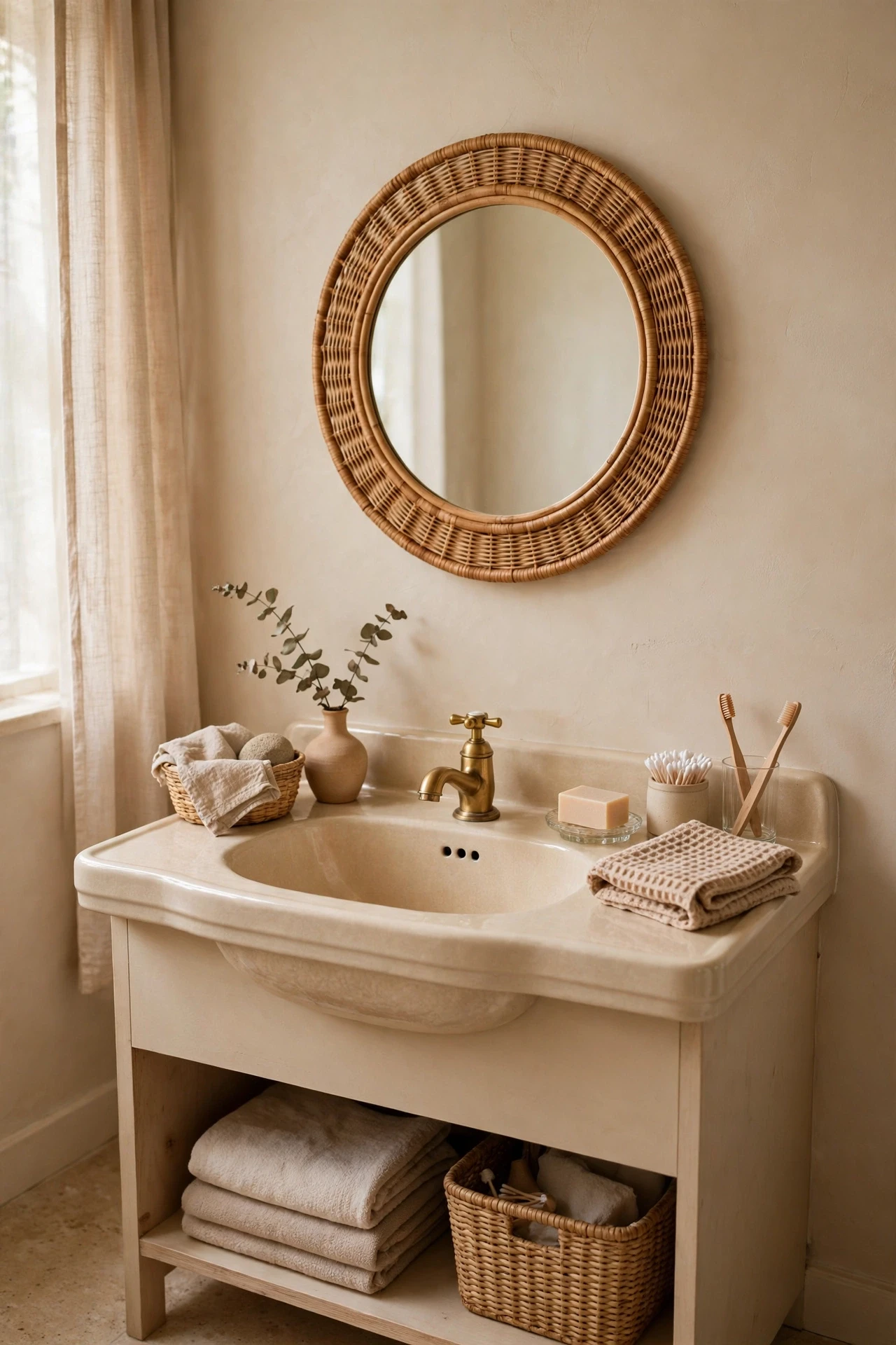 Round rattan framed mirror above a bathroom sink in warm neutrals