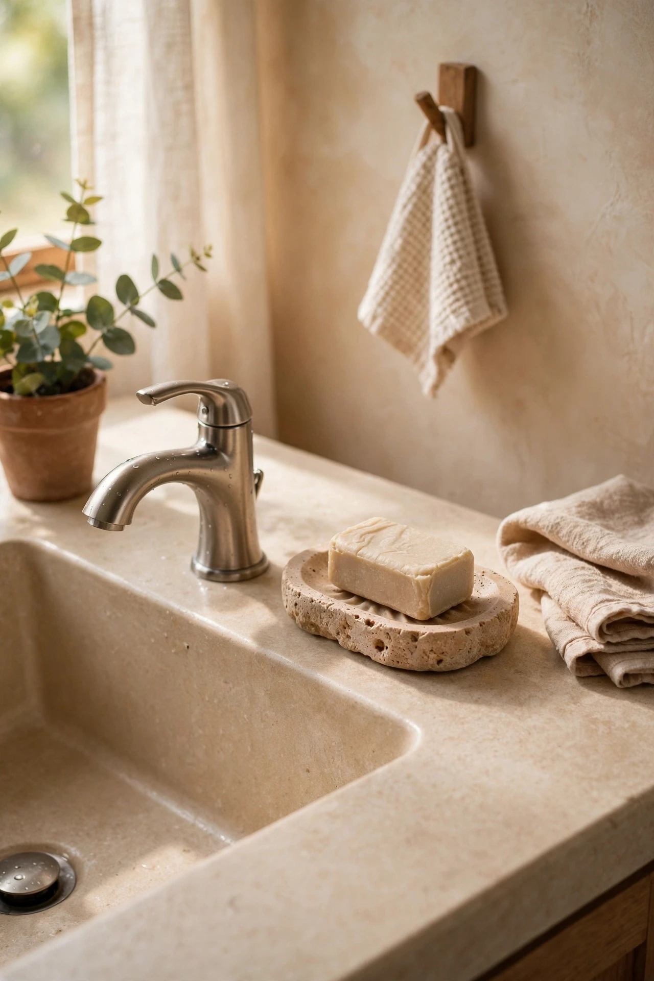 Stone soap dish with a bar of soap beside a bathroom sink