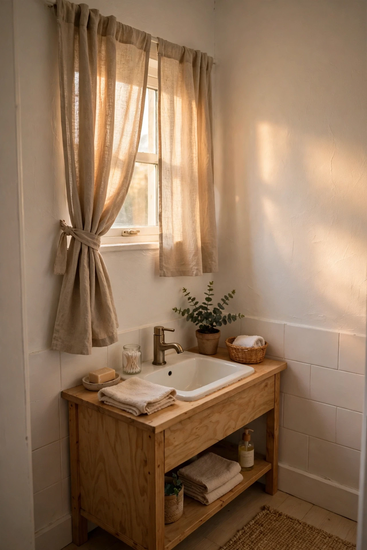 Beige linen curtains on a small bathroom window filtering soft light