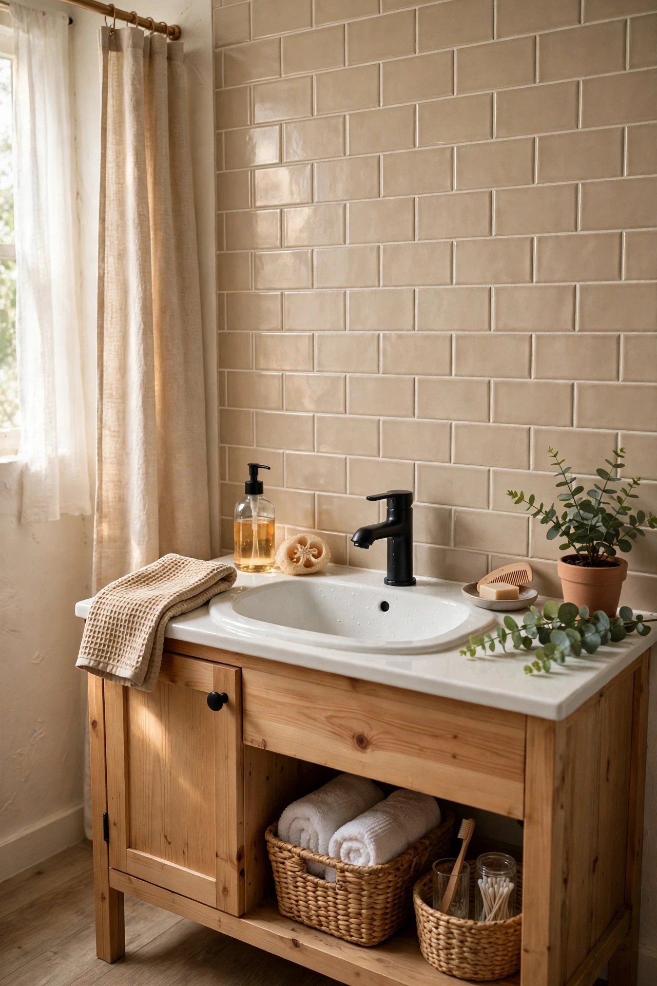 Beige peel and stick subway tiles as a backsplash behind a bathroom sink