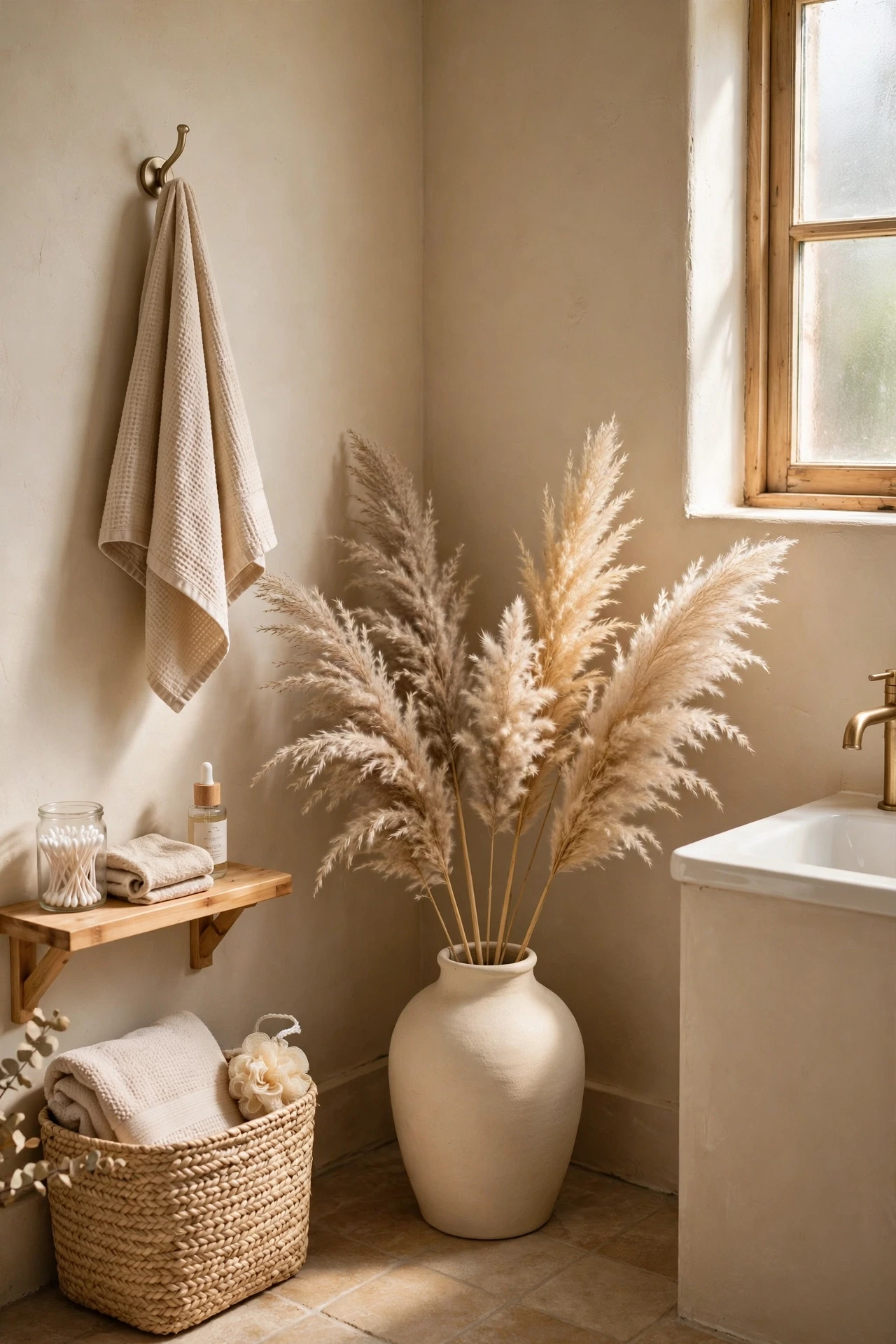 Dried pampas grass in a matte ceramic vase in a beige bathroom corner