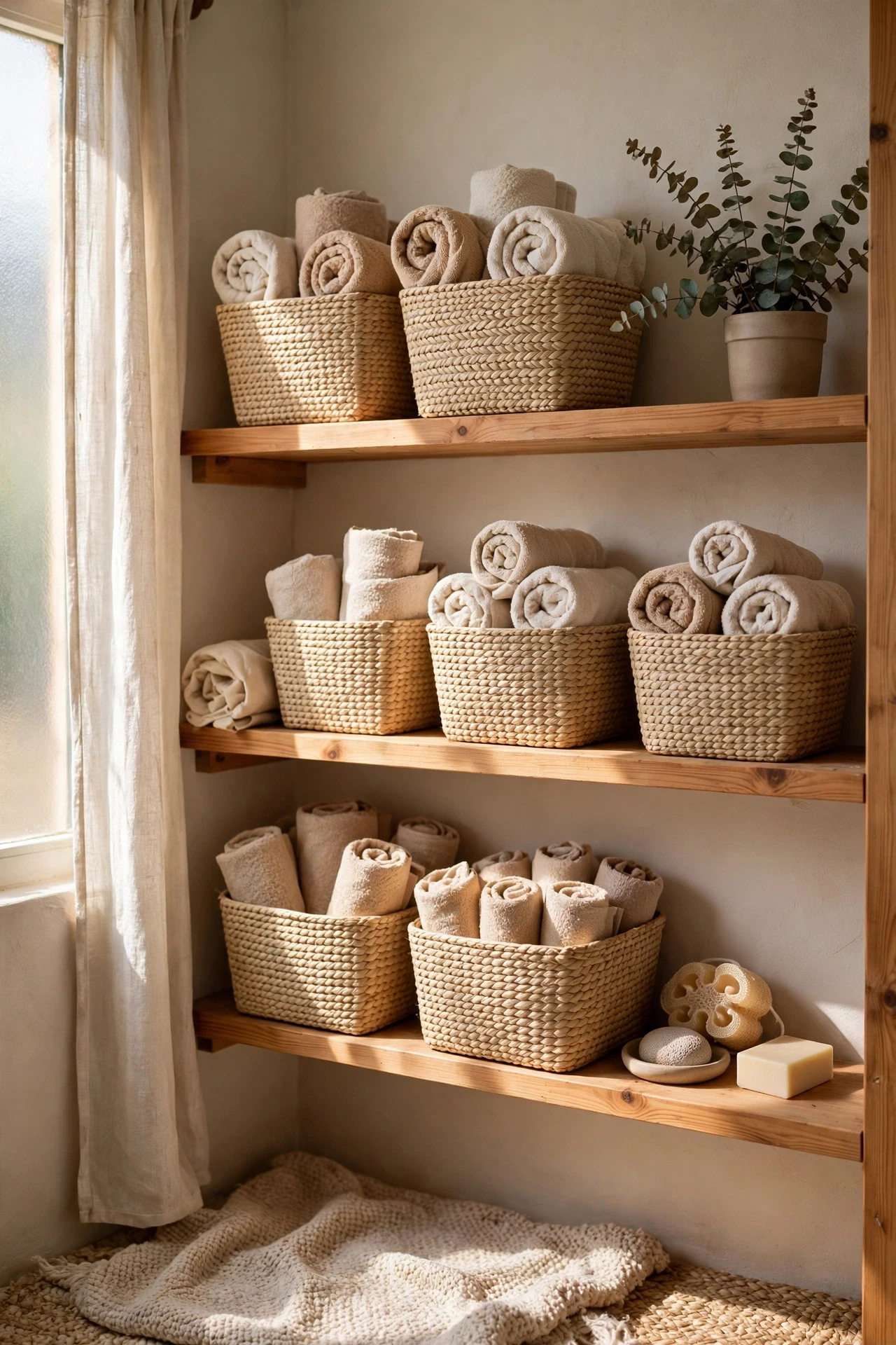 Beige woven baskets on open bathroom shelves holding towels and supplies