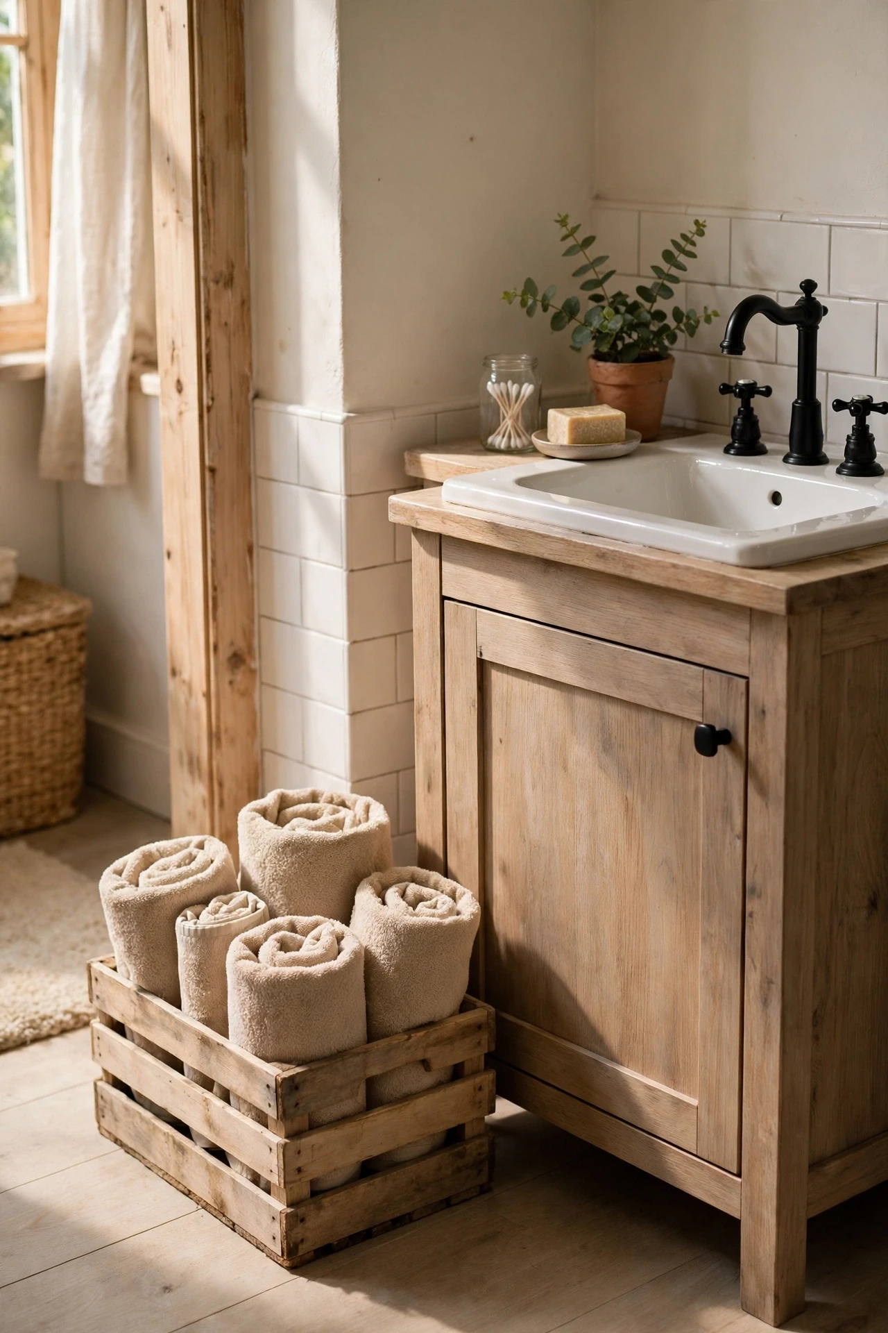 Rolled oatmeal hand towels packed upright in a wooden crate