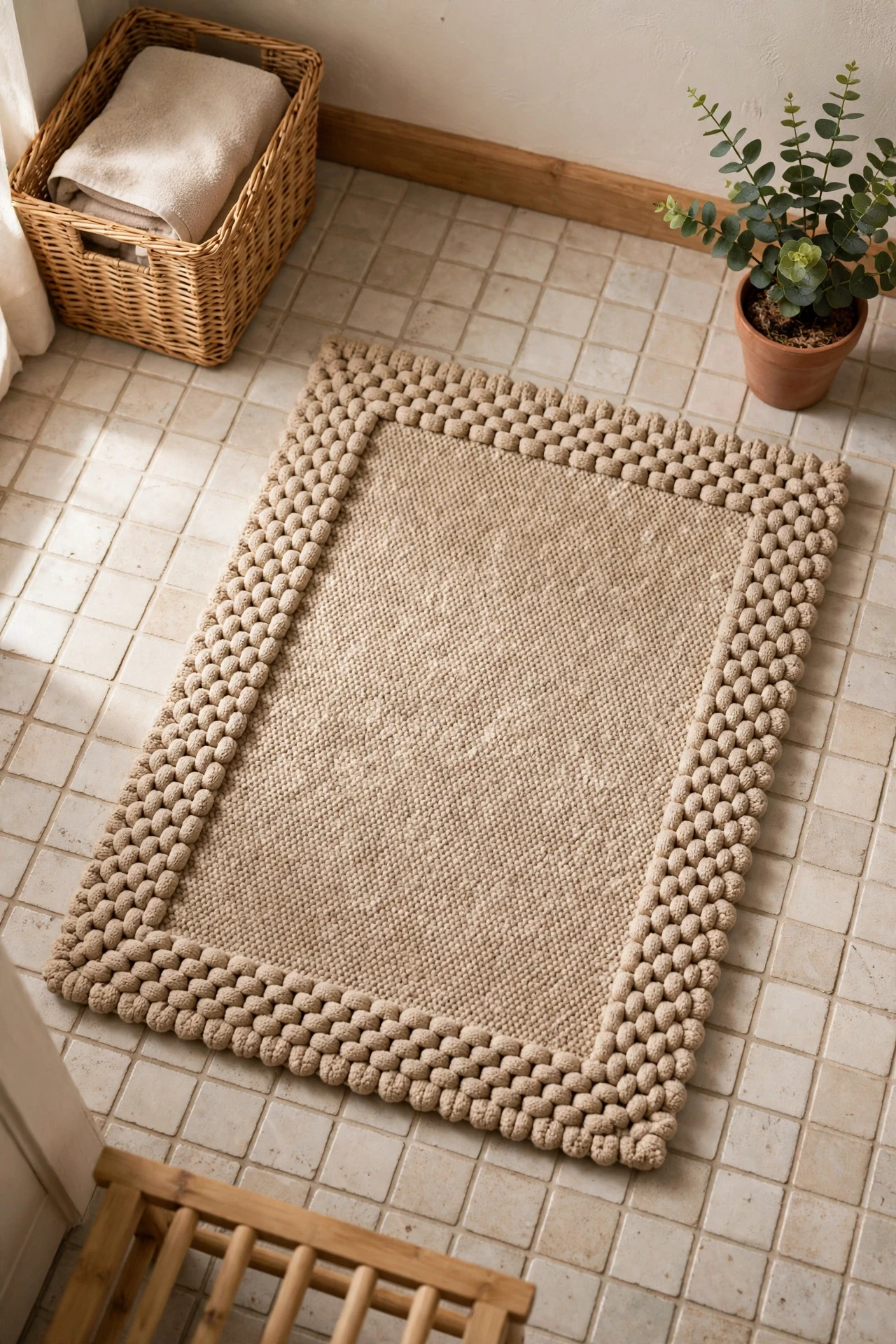 Beige bath mat with textured border on a bathroom floor