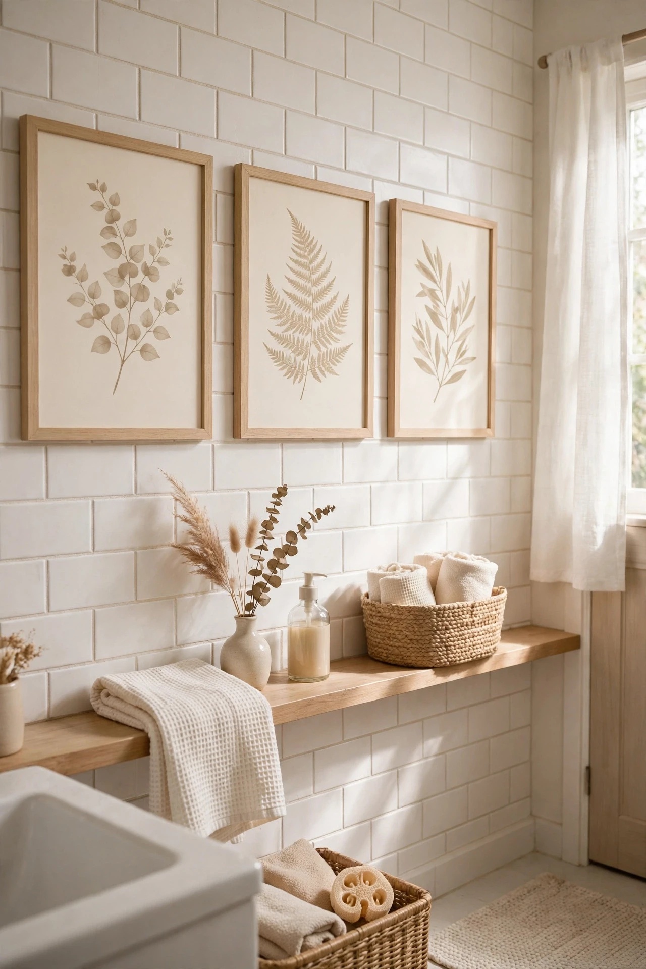 Beige botanical prints in light wood frames on a bathroom wall