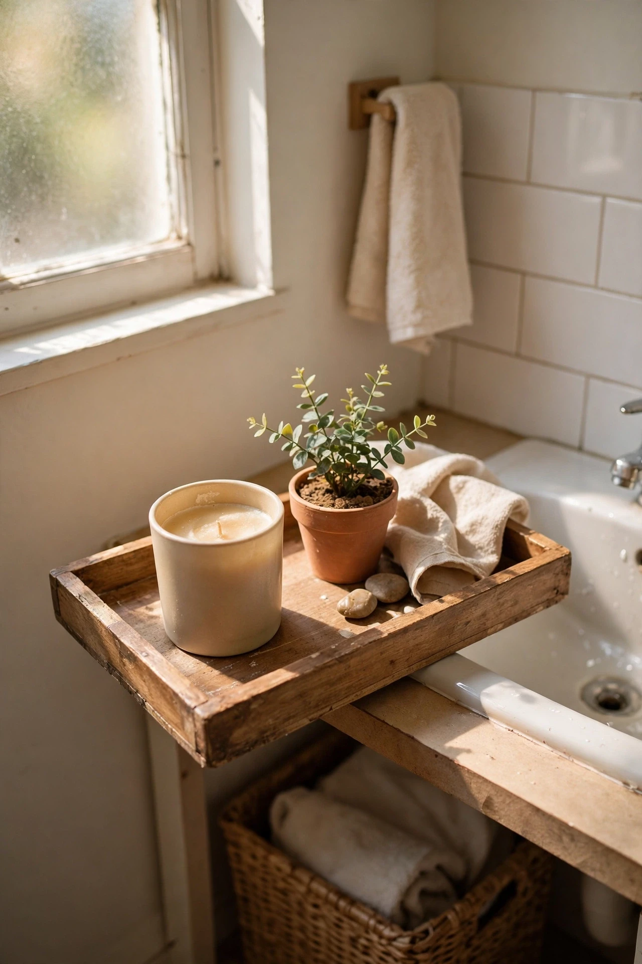 Beige candle and small plant on a wooden tray in a bathroom