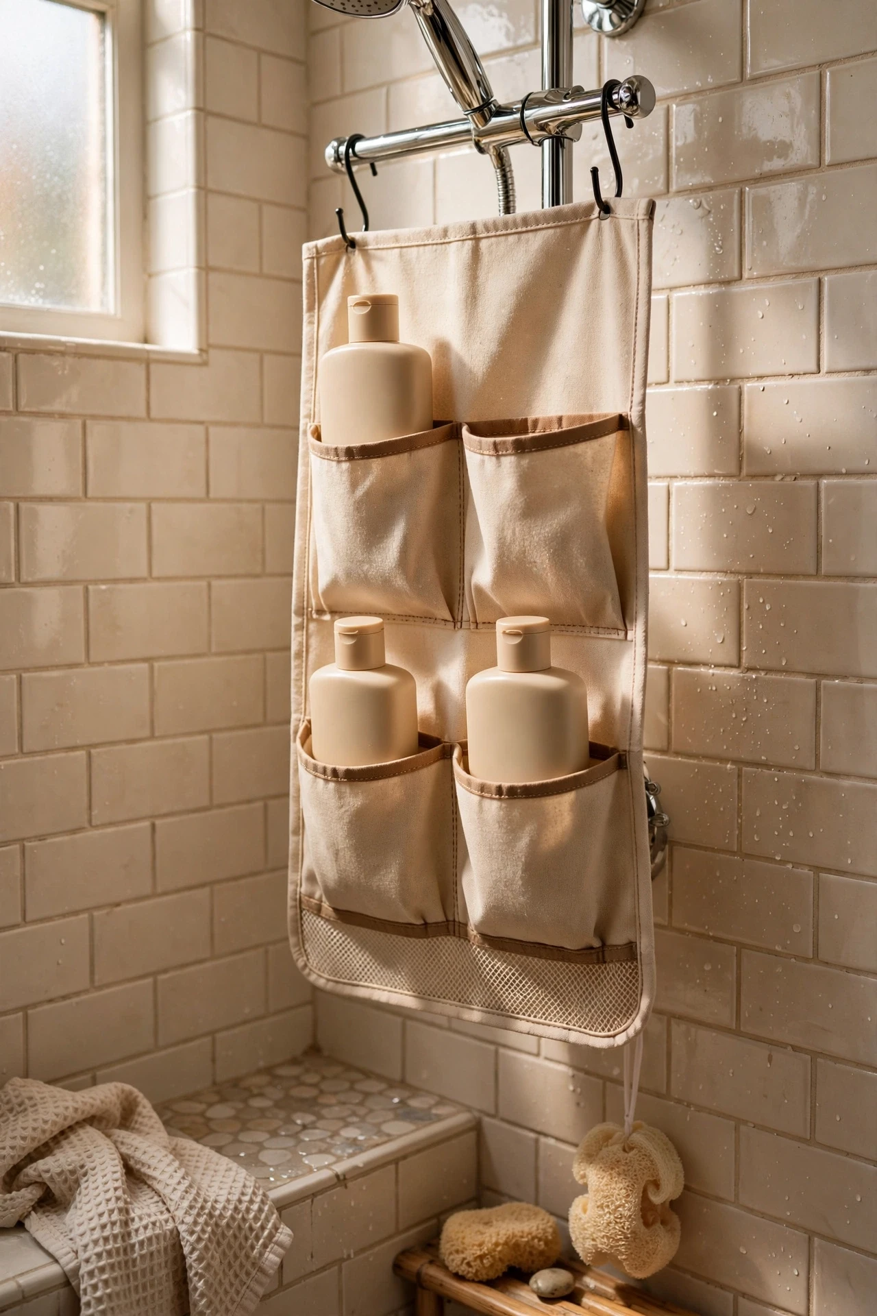 Beige hanging shower organiser with matching bottles in a shower