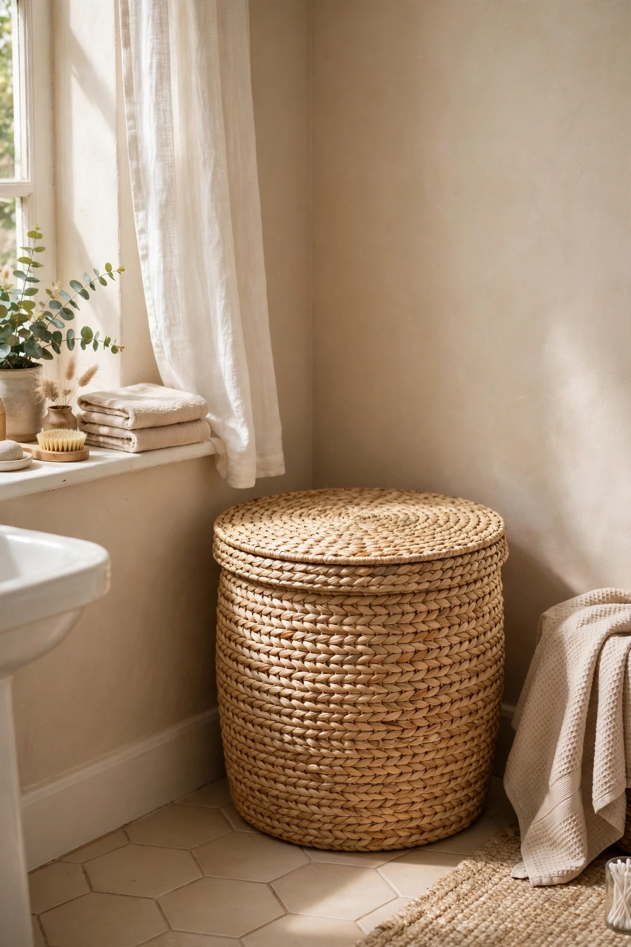 Lidded woven hamper in natural seagrass in a beige bathroom corner