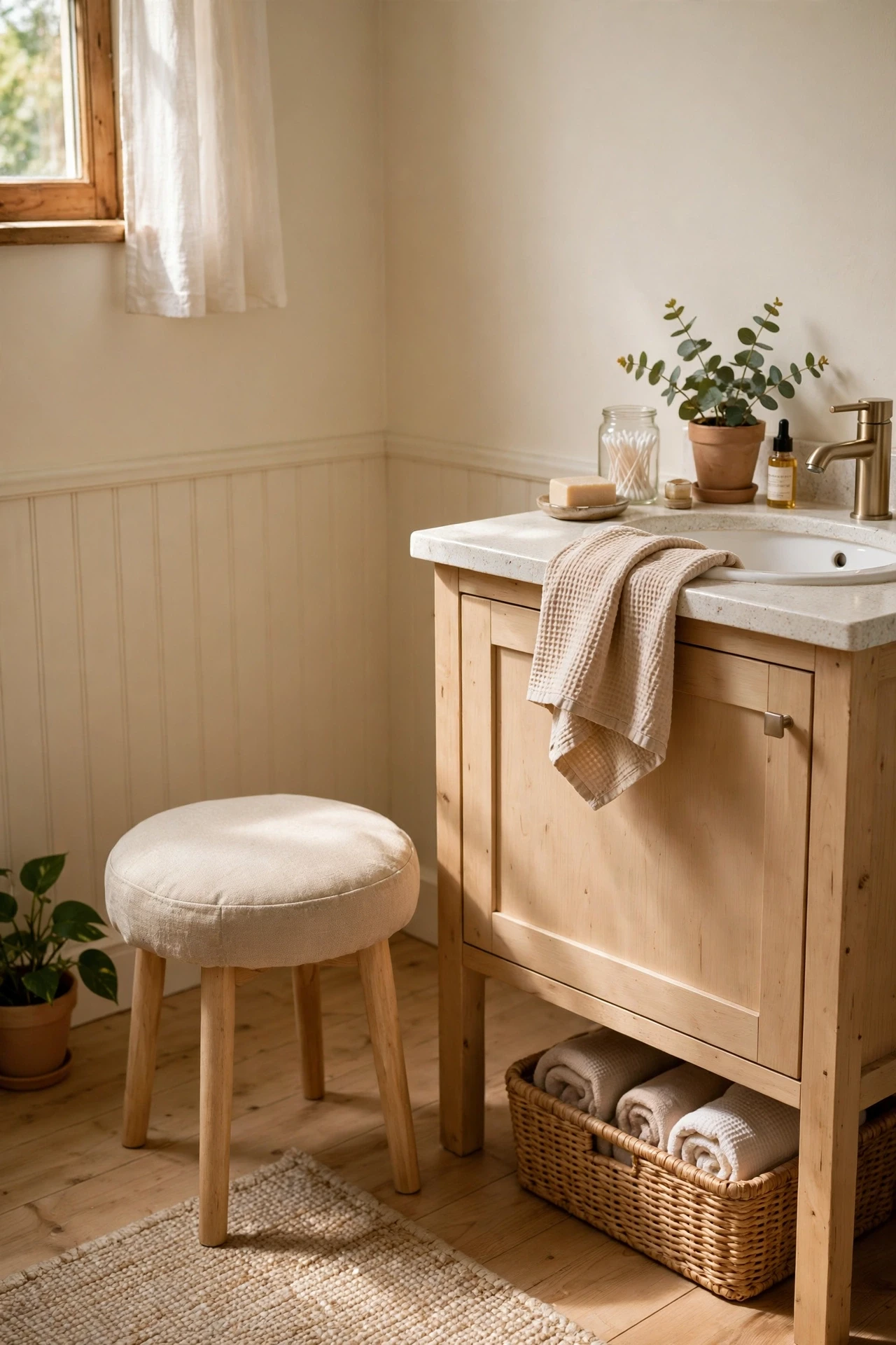 Beige cushioned vanity stool beside a bathroom vanity