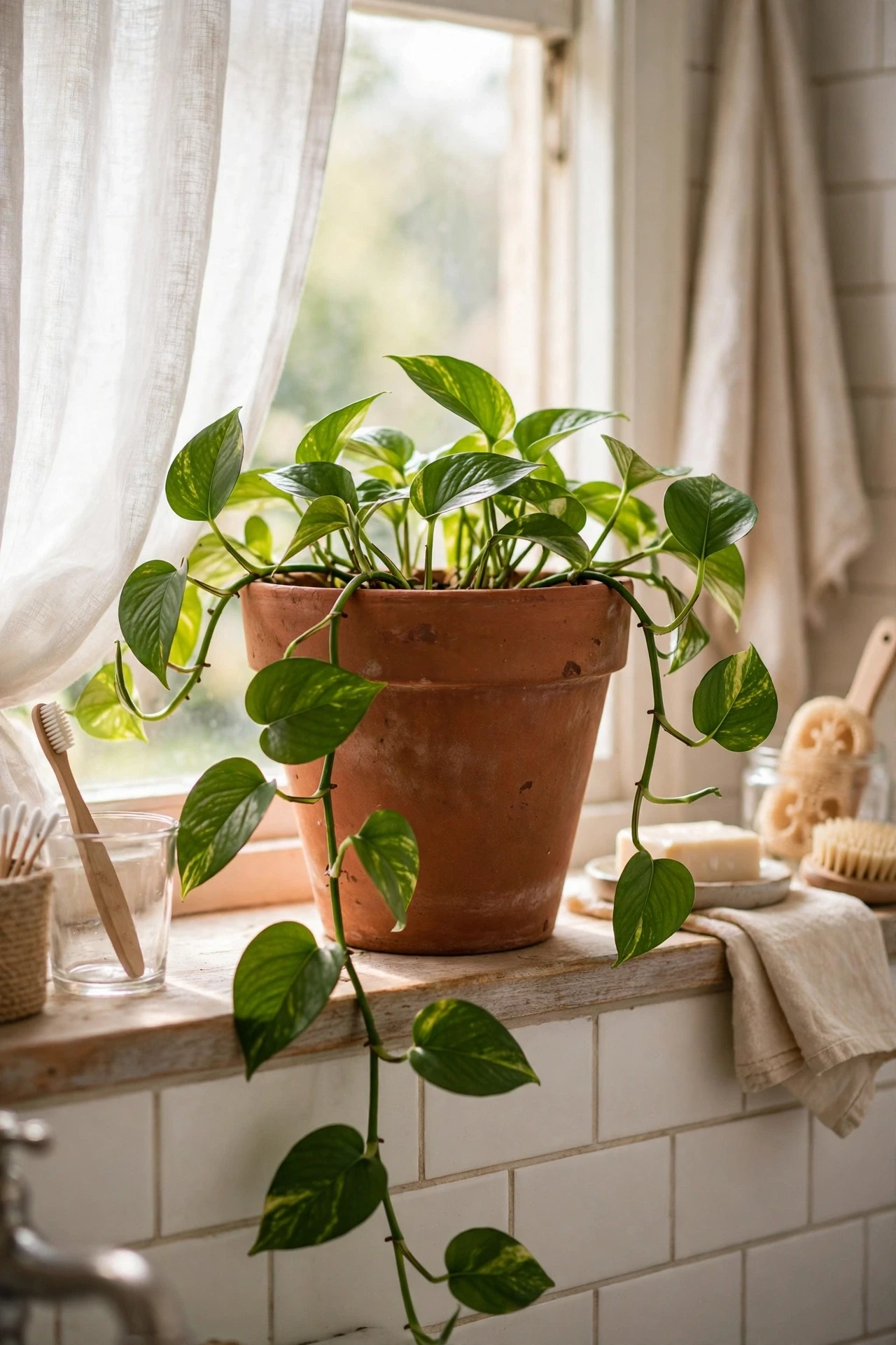 Terracotta pot with a green trailing plant on a bathroom windowsill