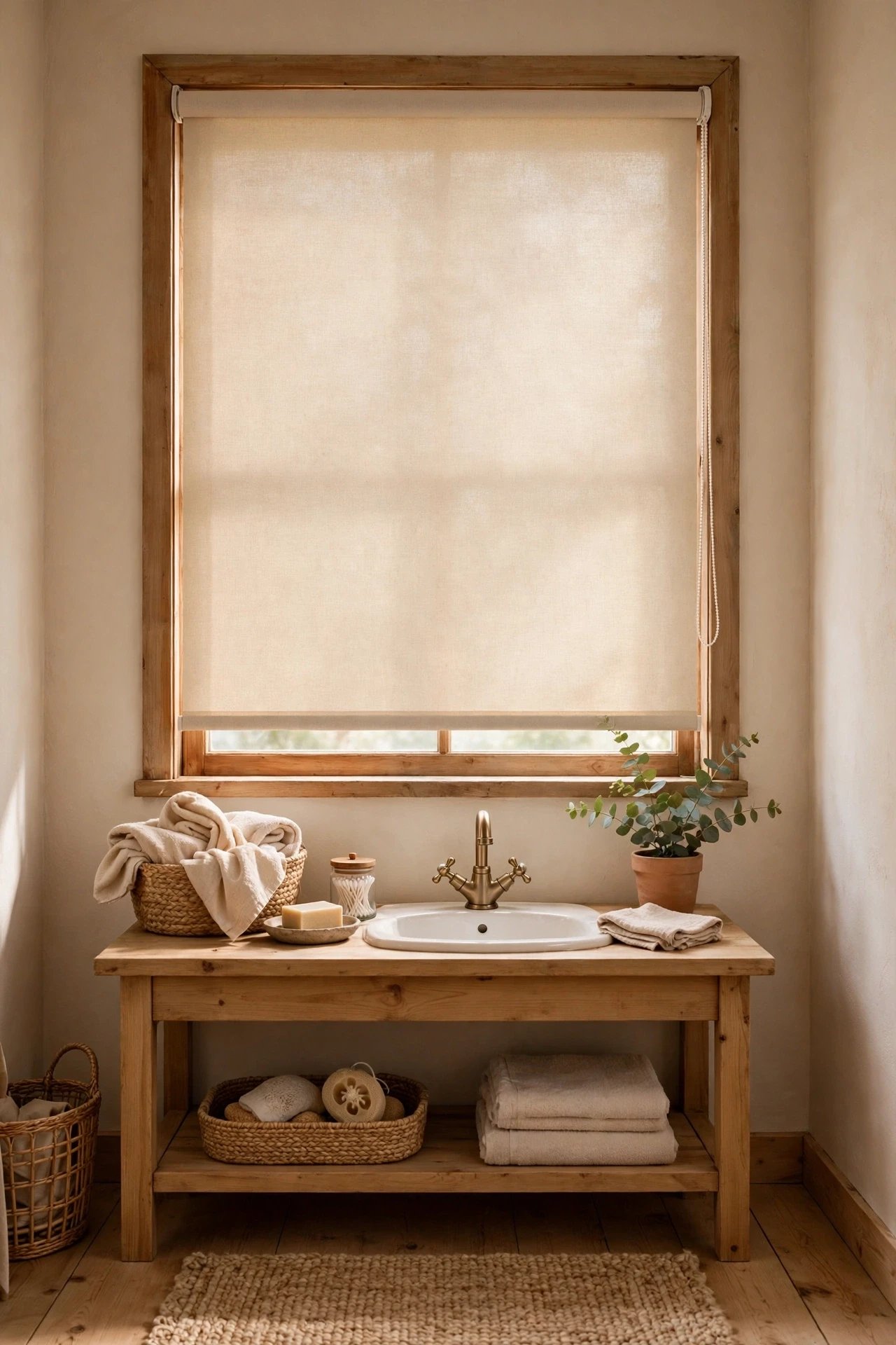 Beige cotton roller shade on a bathroom window