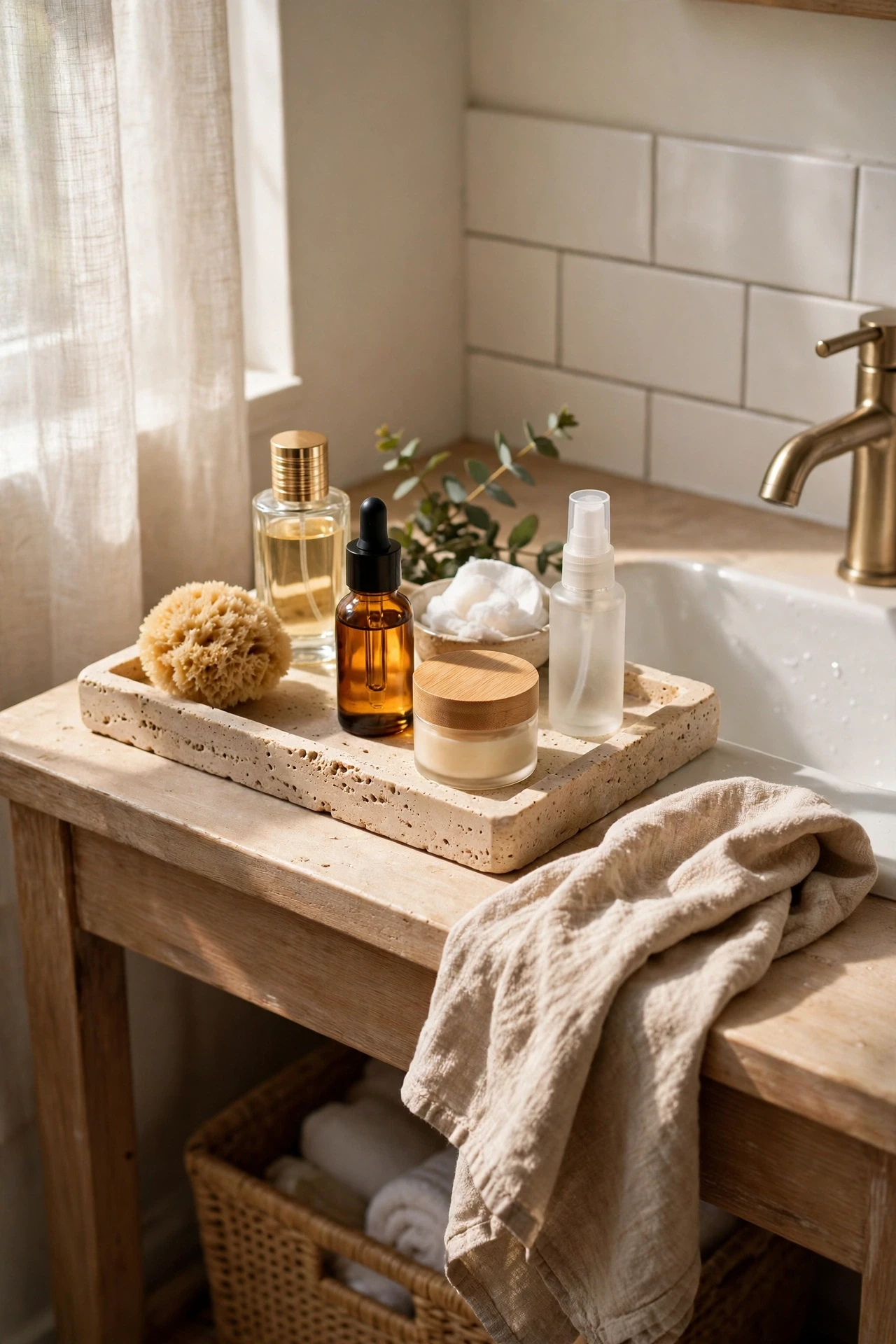 Stone tray holding perfume and skincare bottles on a bathroom vanity