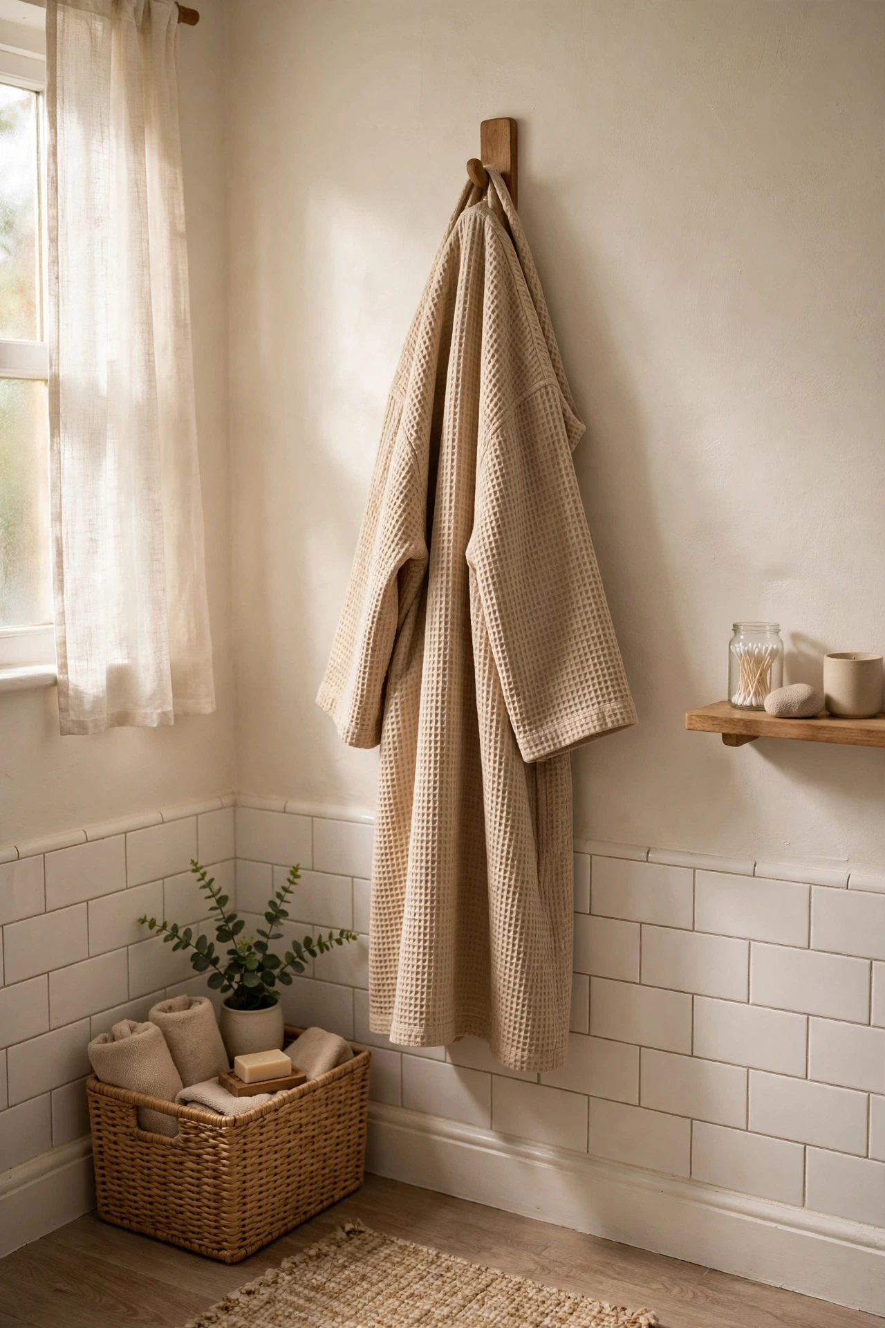 Beige waffle robe hanging on a wooden wall hook in a bathroom