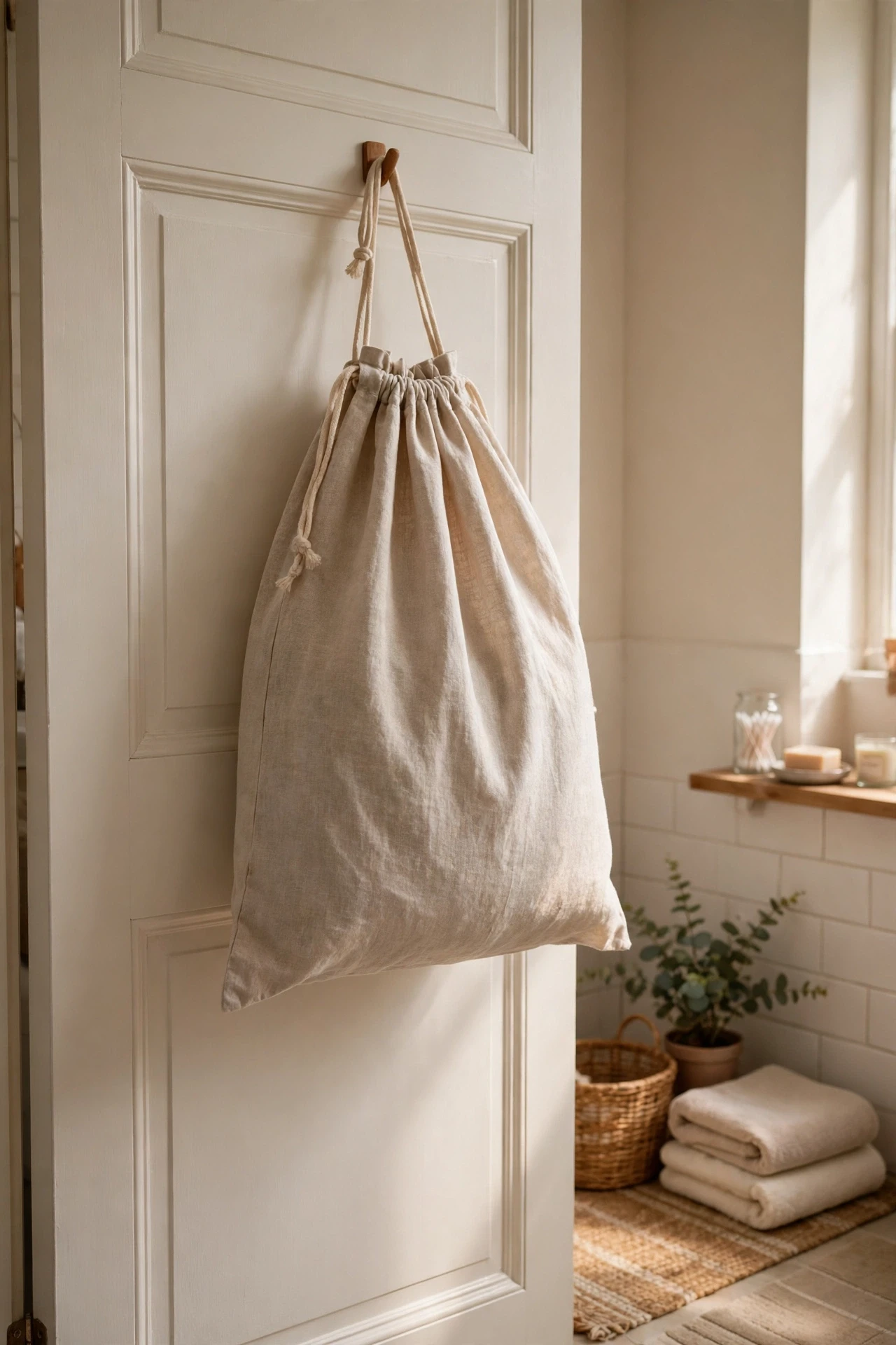 Beige linen laundry bag hanging on the back of a bathroom door