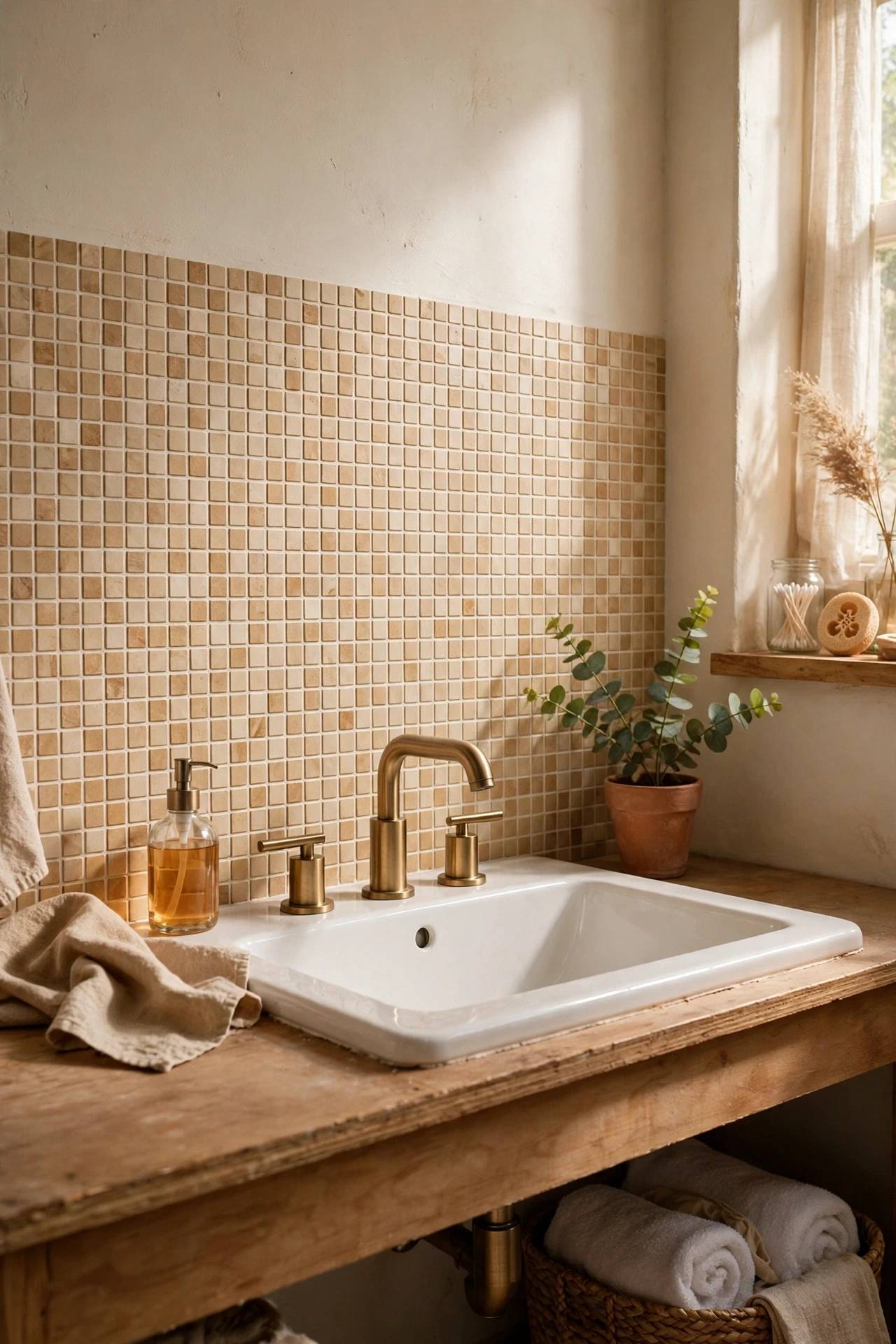 Beige mosaic sticker backsplash behind a bathroom sink
