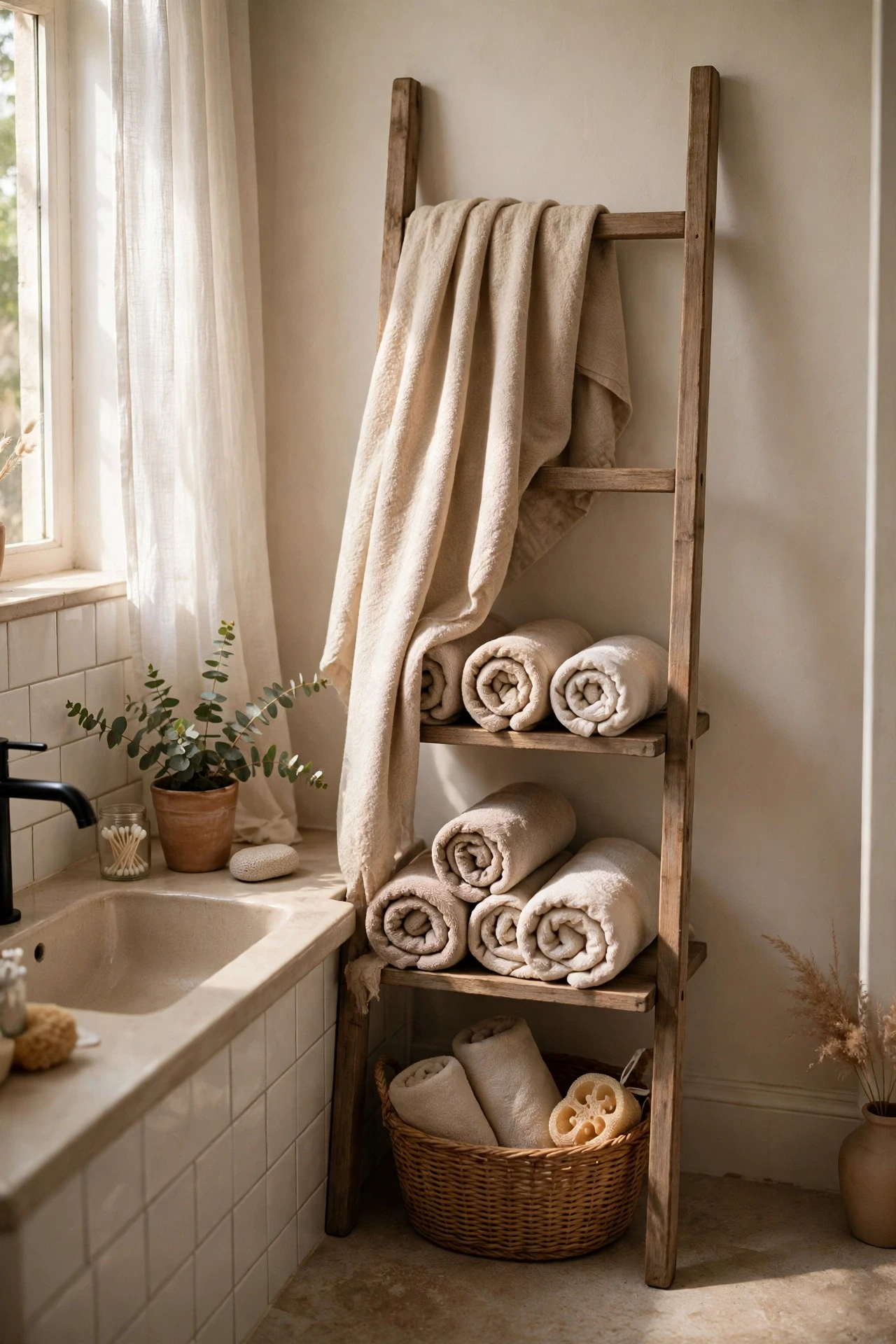 Beige cotton throw draped over a ladder shelf with rolled towels in a bathroom