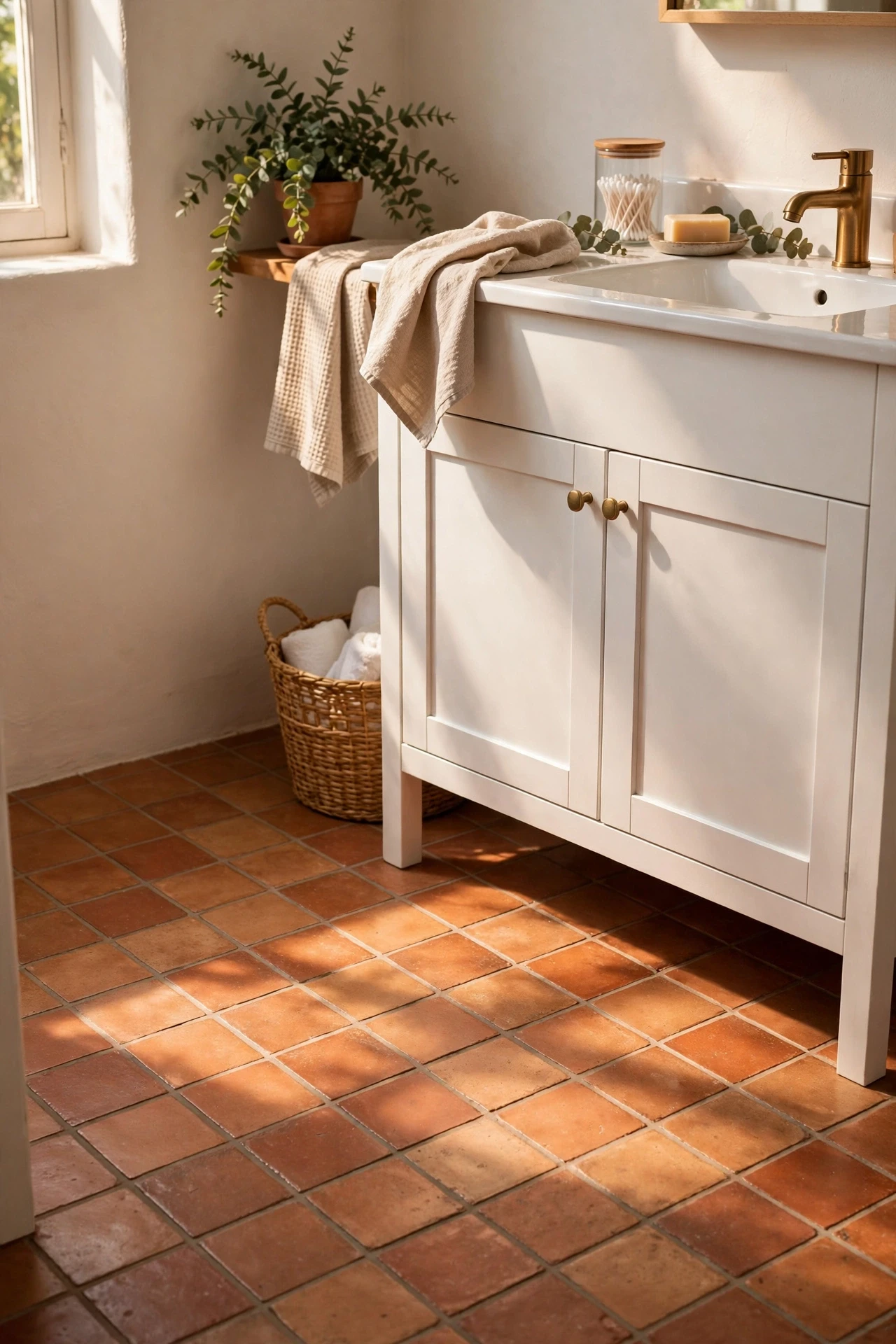 Bathroom floor with terracotta-look peel-and-stick tiles and white vanity