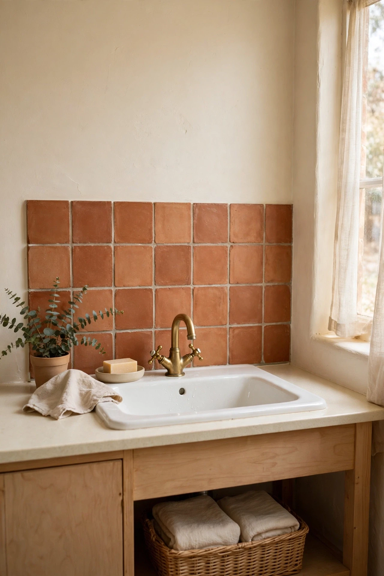 Terracotta tile backsplash behind a bathroom sink with cream walls