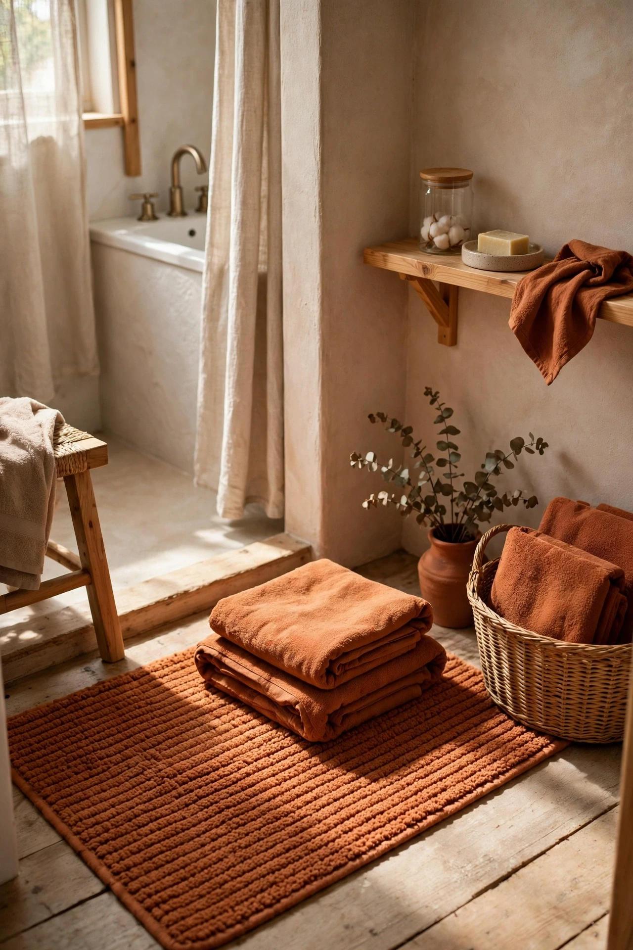 Terracotta bath mat and folded towels in a warm bathroom