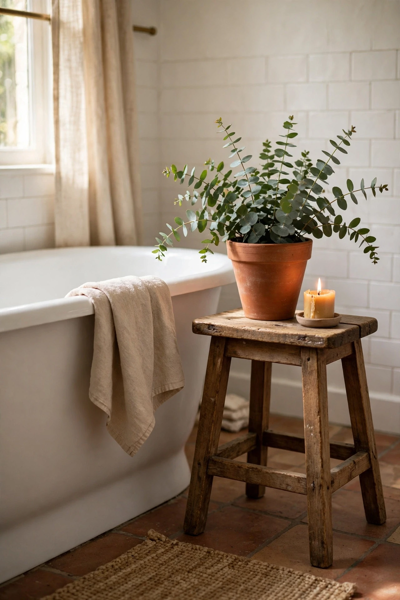 Wooden stool beside a bathtub holding a terracotta pot and candle
