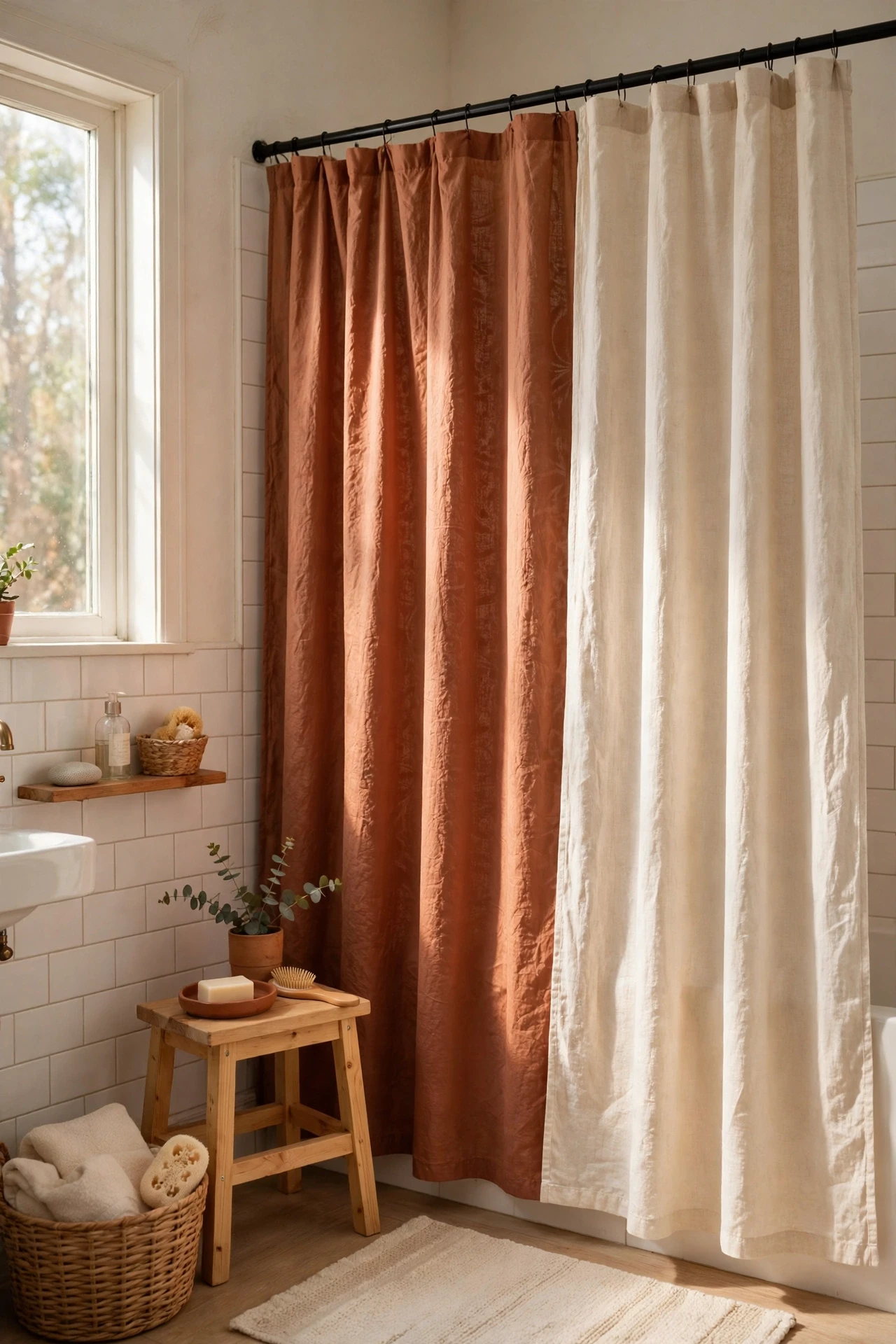 Layered terracotta shower curtain with cream linen outer curtain