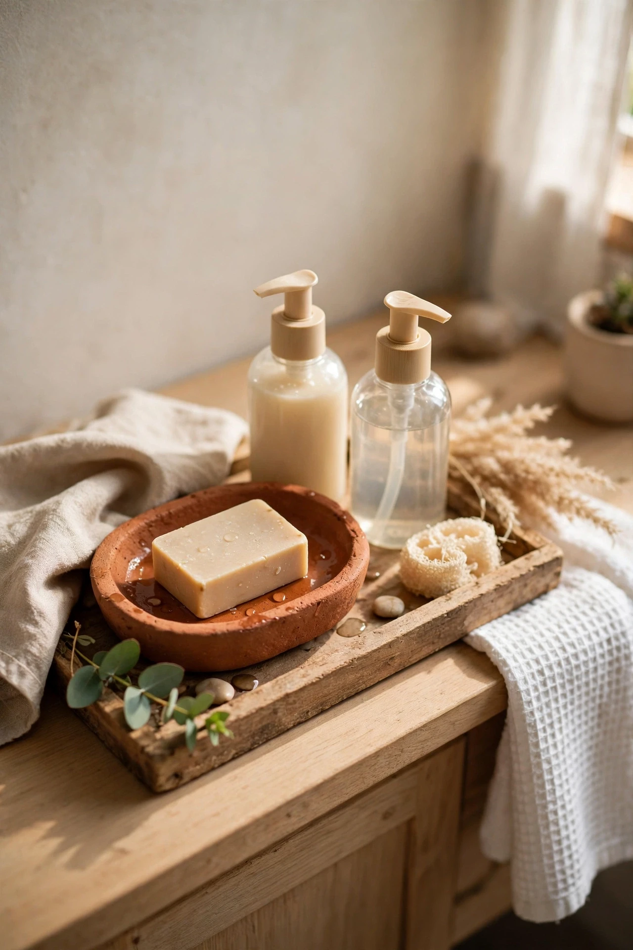 Terracotta soap dish and pump bottles on a bathroom vanity tray