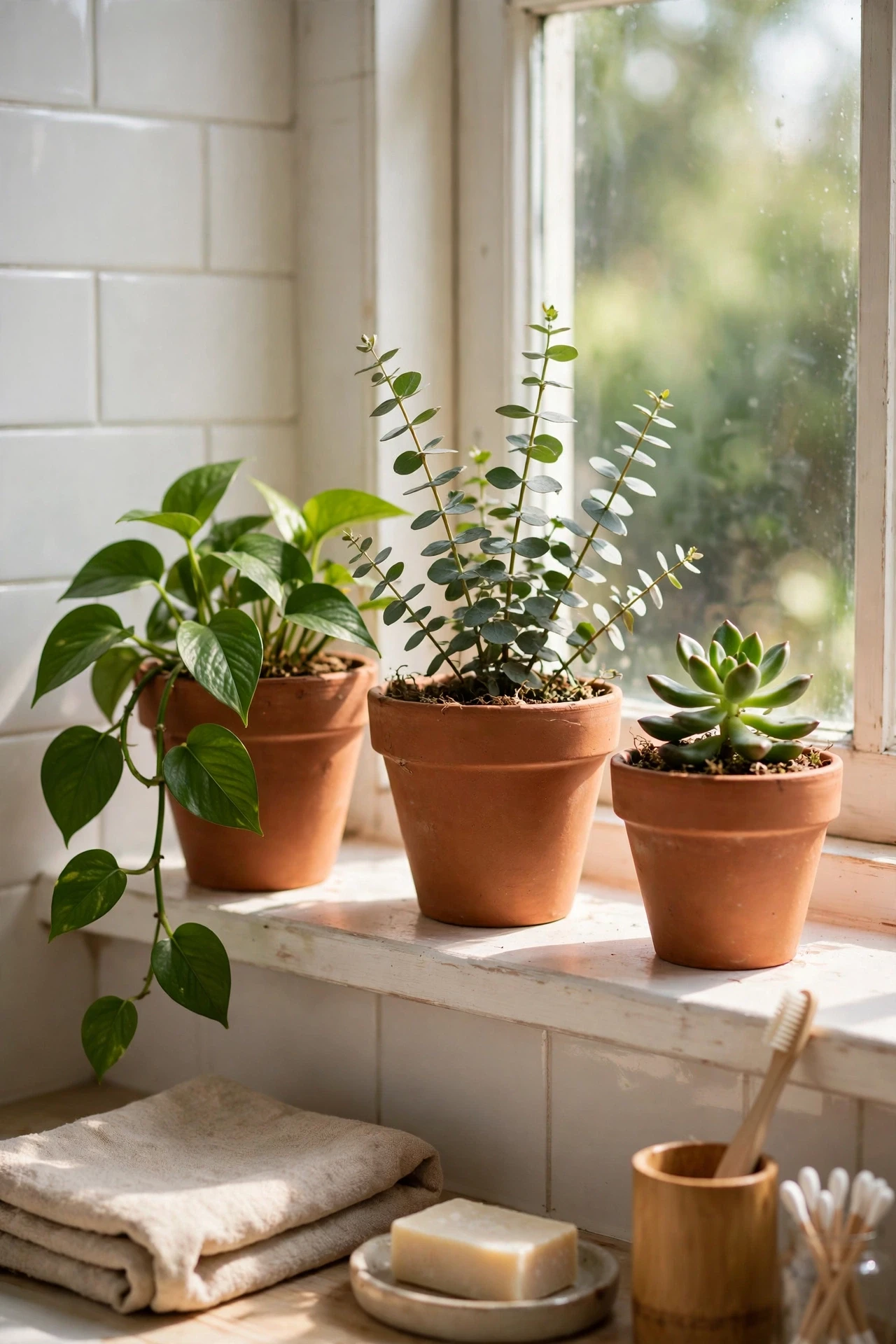 Green plants in terracotta clay pots on a bathroom windowsill