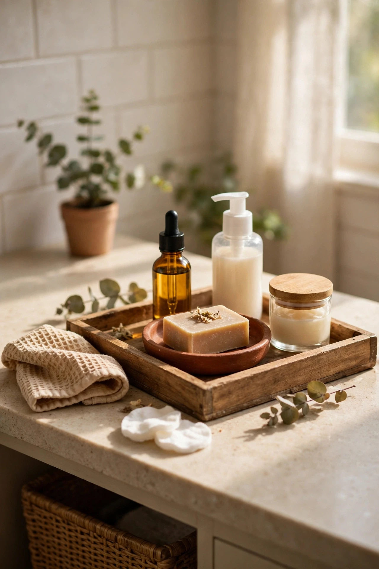 Wooden vanity tray with terracotta dish and skincare bottles