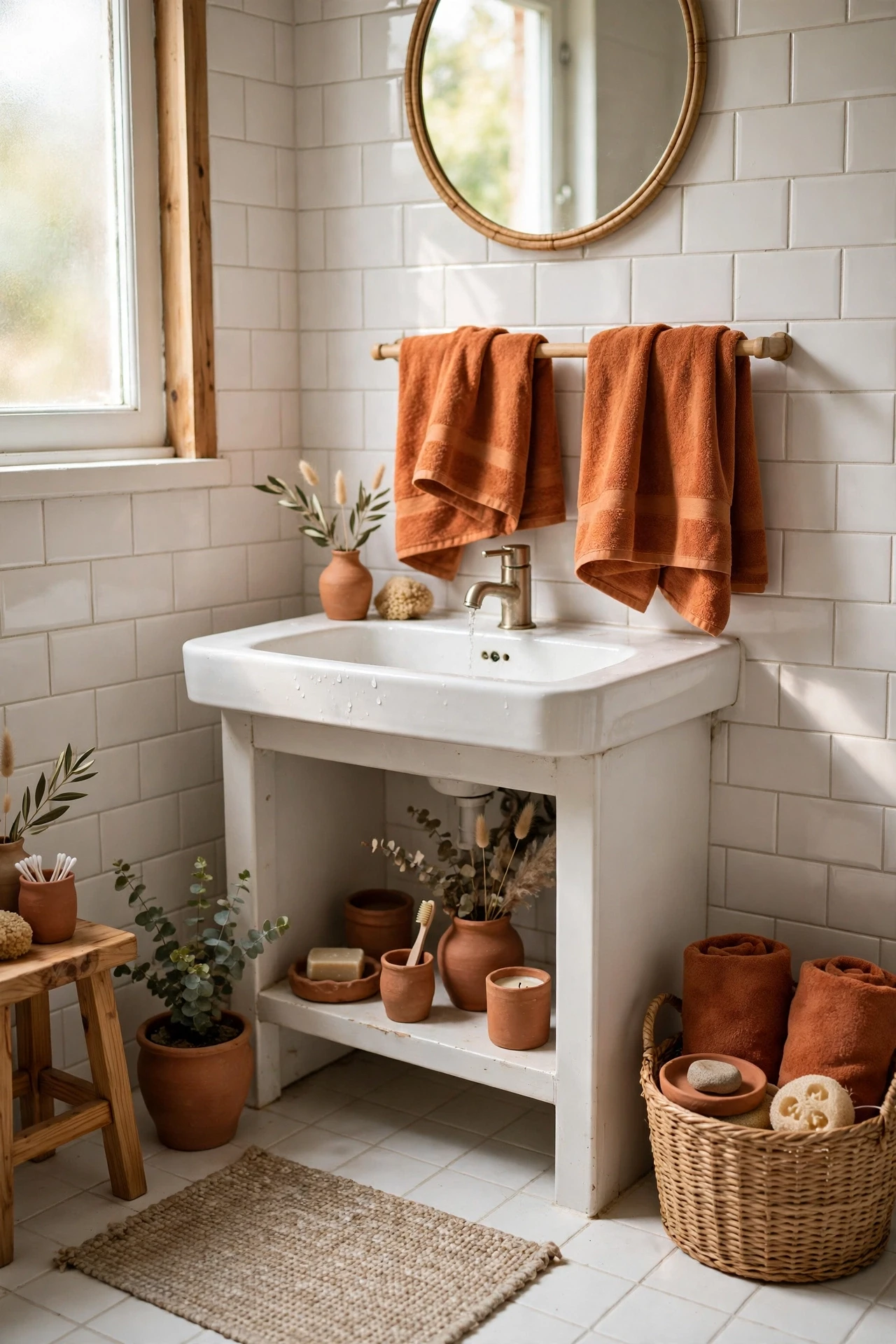 Neutral white tiled bathroom warmed with terracotta accessories and towels