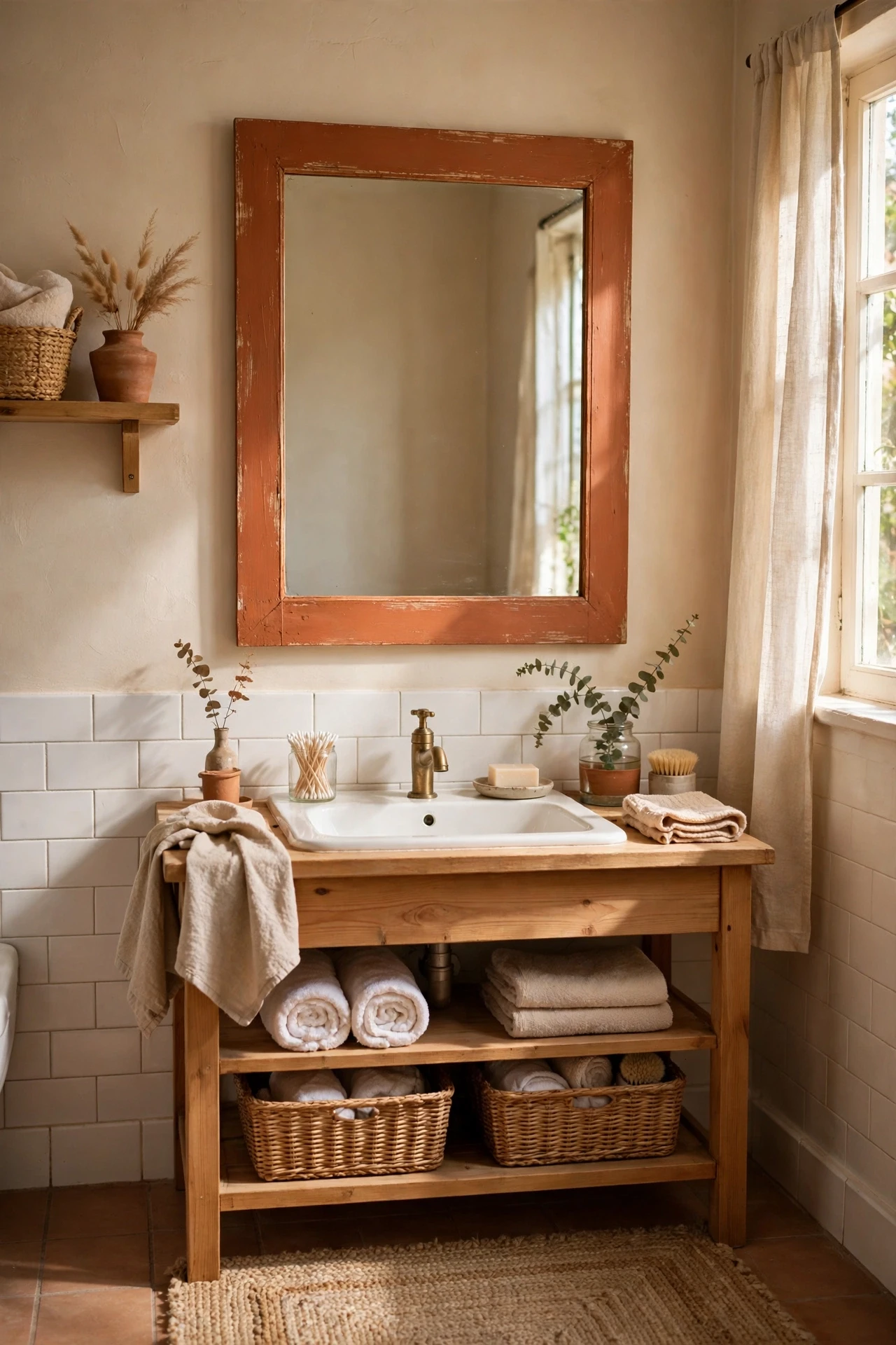 Bathroom mirror framed with terracotta painted wooden trim