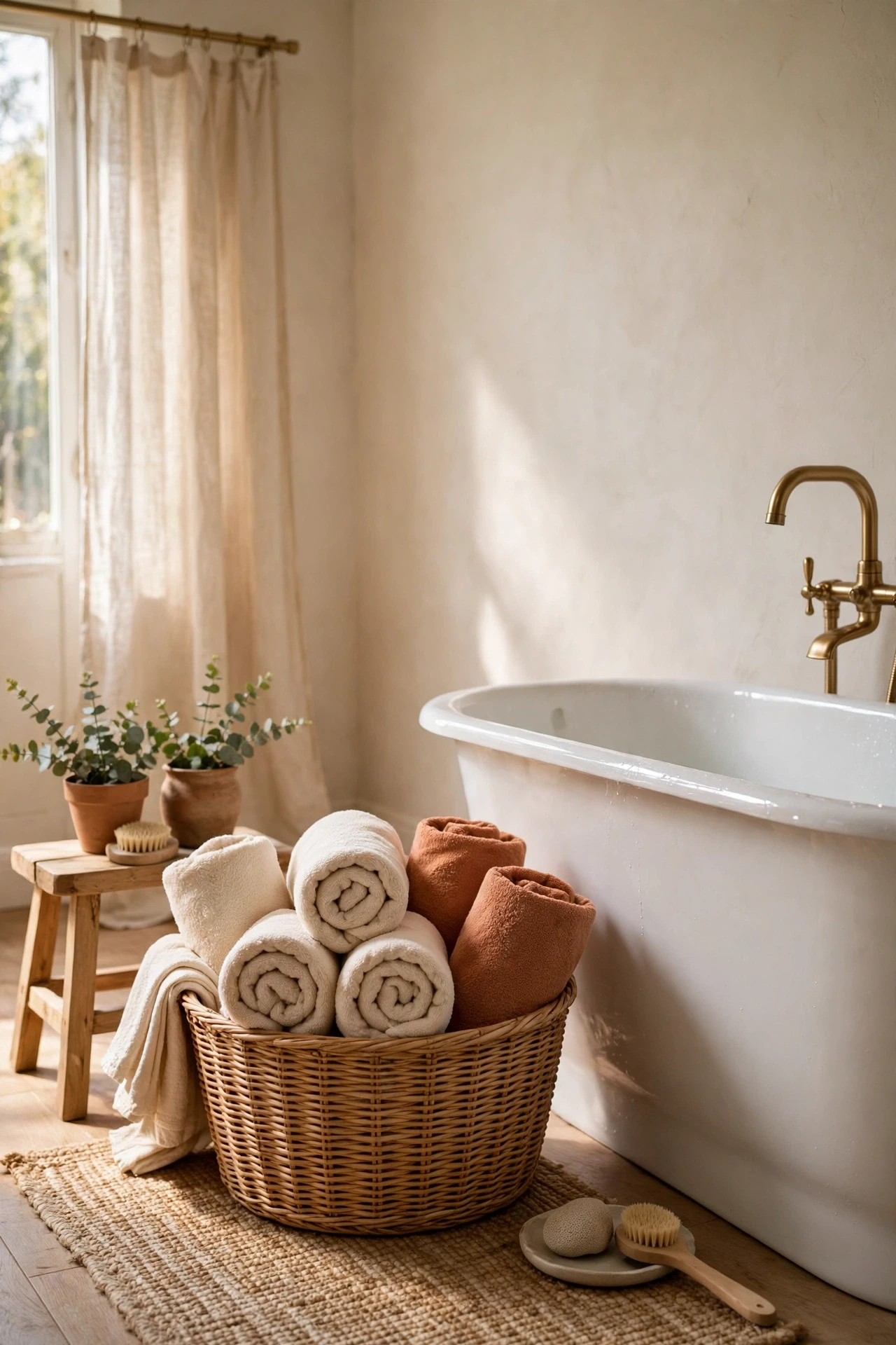 Woven basket holding rolled cream and terracotta towels in a bathroom