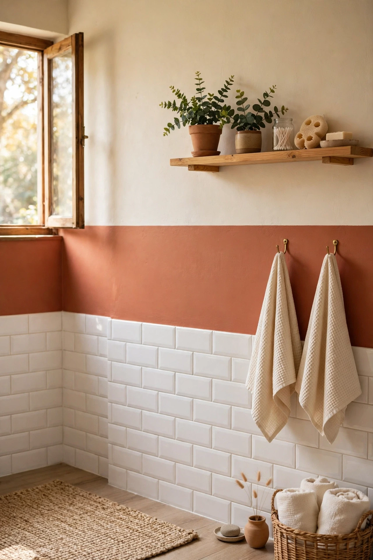 Cream bathroom wall with a wide terracotta painted stripe