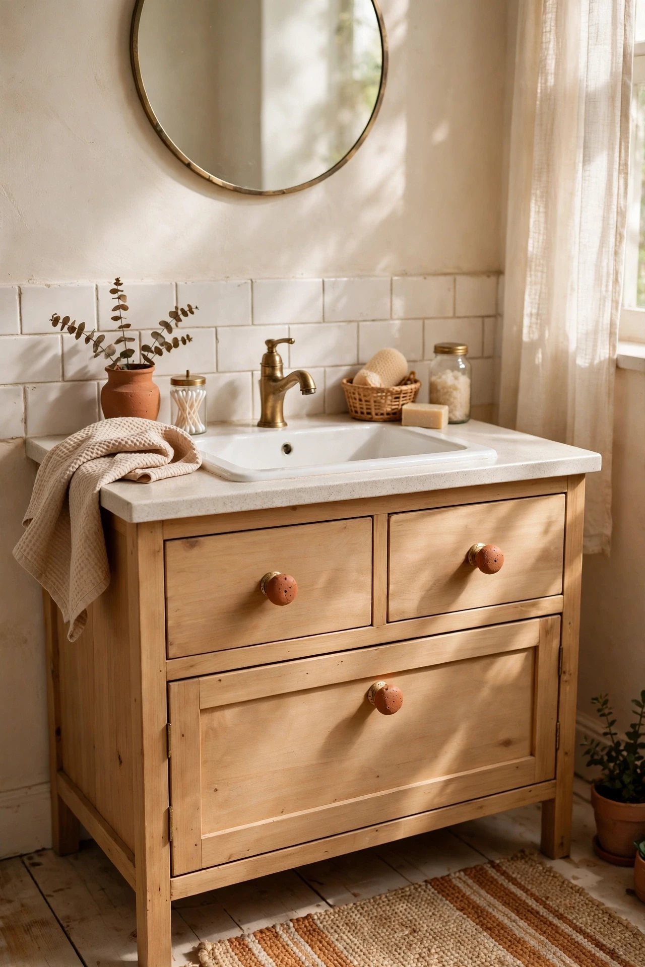 Bathroom vanity with warm brass and terracotta ceramic knobs