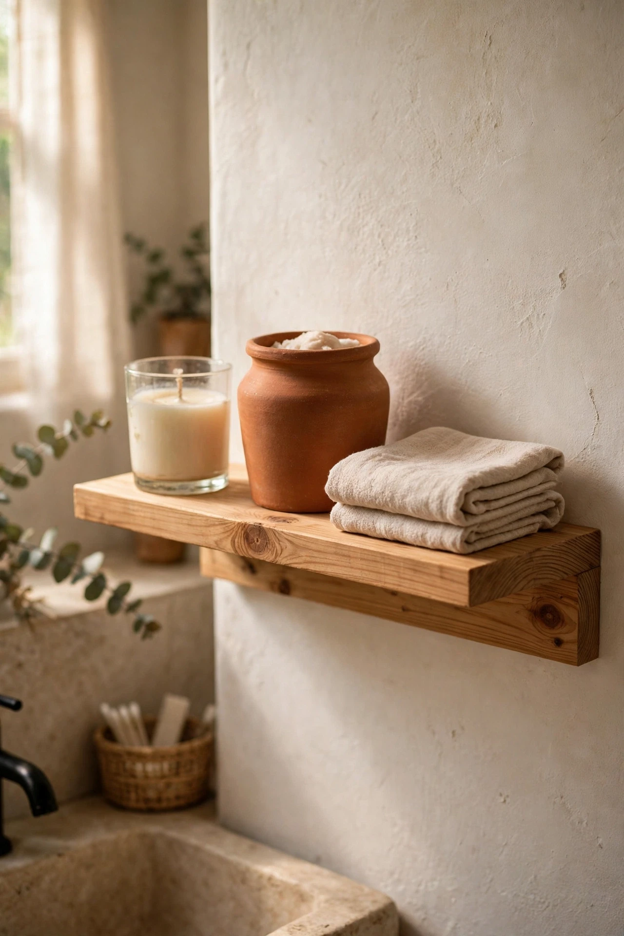 Wooden spa shelf with candle, terracotta jar and folded washcloth