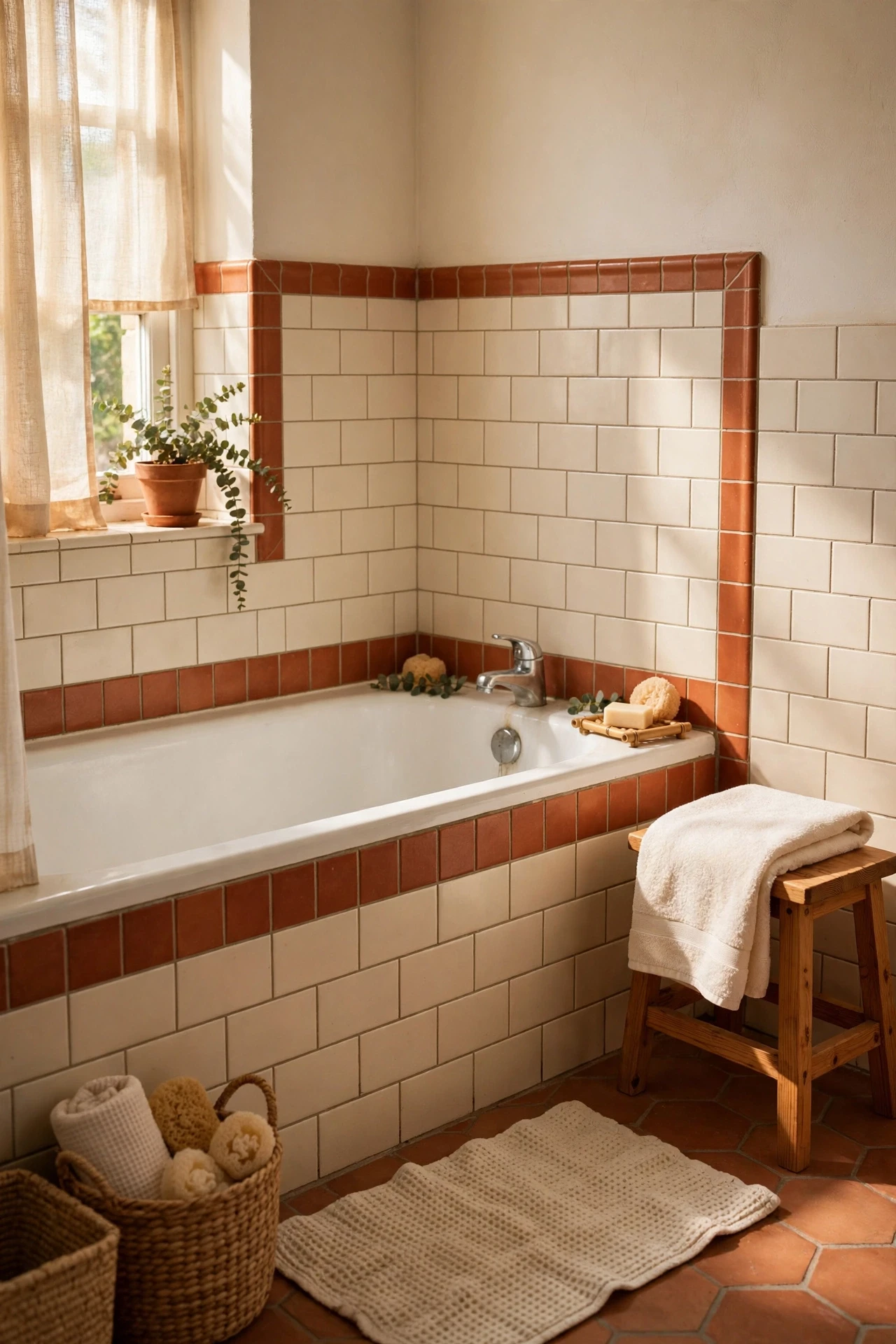 Bathtub surround with a terracotta tile border and cream tiles