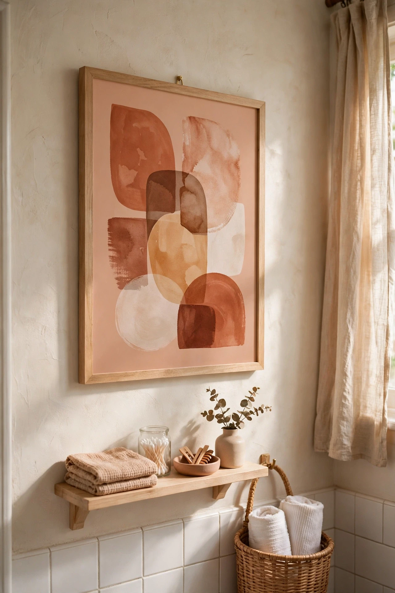 Terracotta abstract art print in a light wooden frame in a bathroom