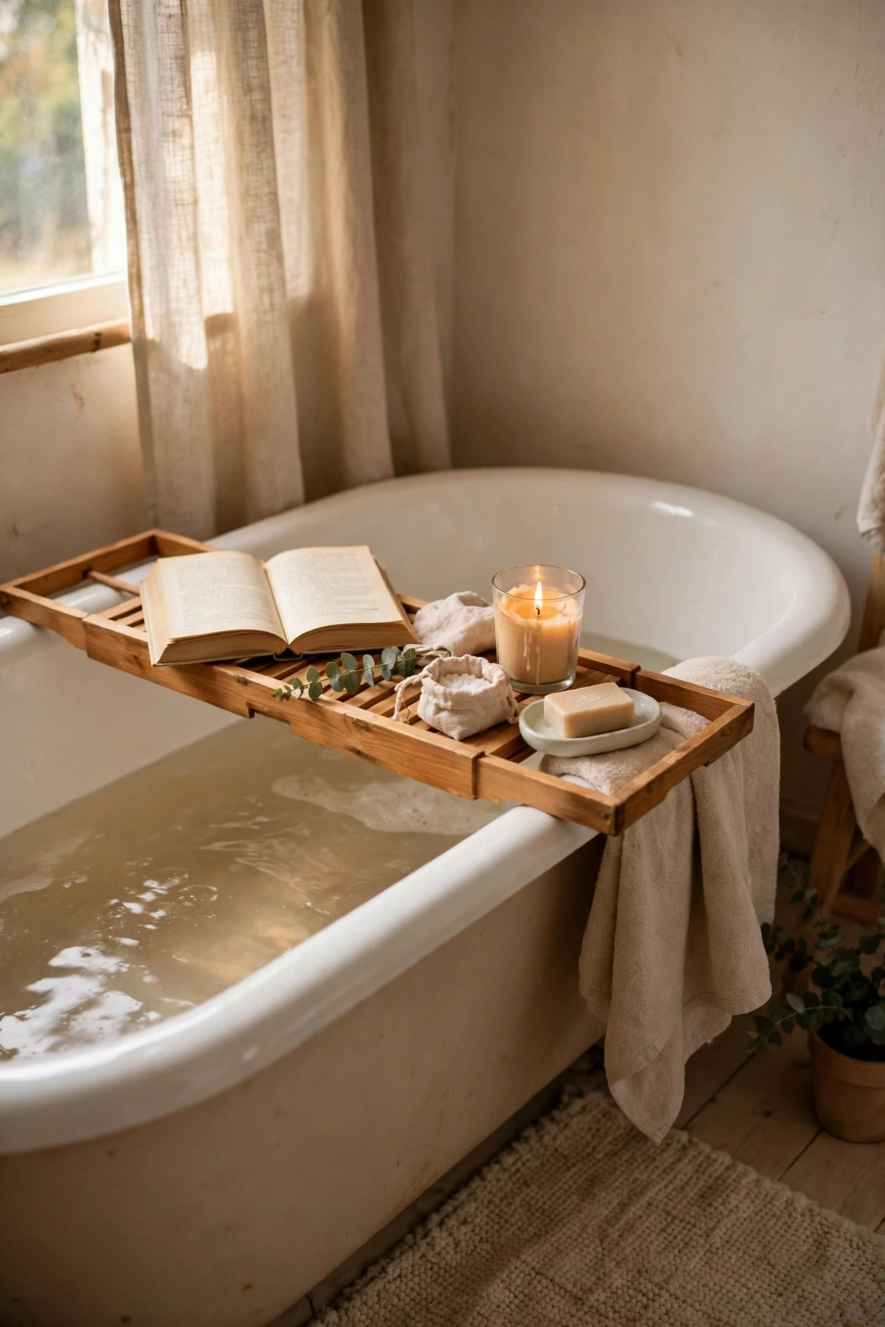 Wooden bath caddy with candle and book across a bathtub