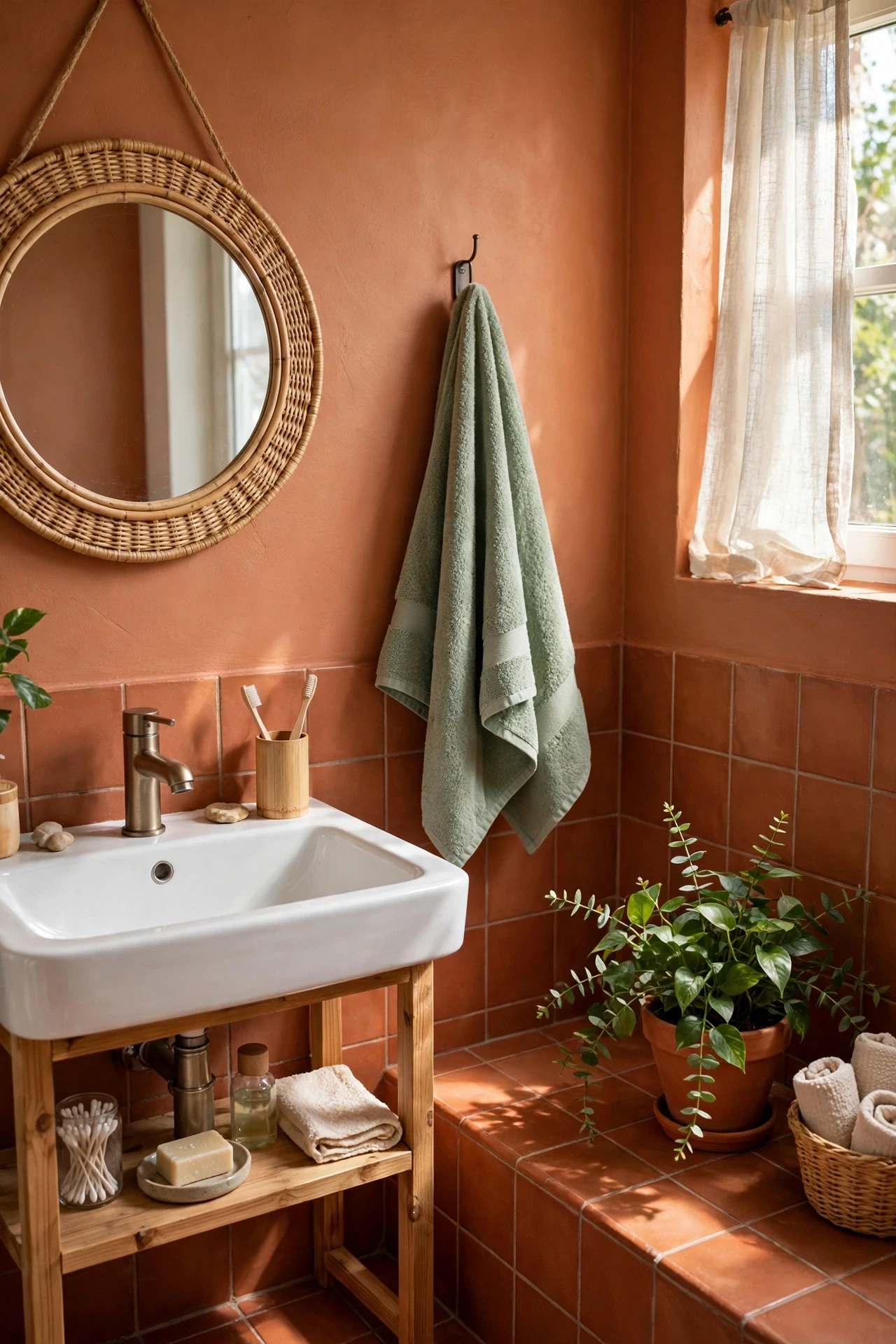 Terracotta bathroom balanced with a sage green towel and plant