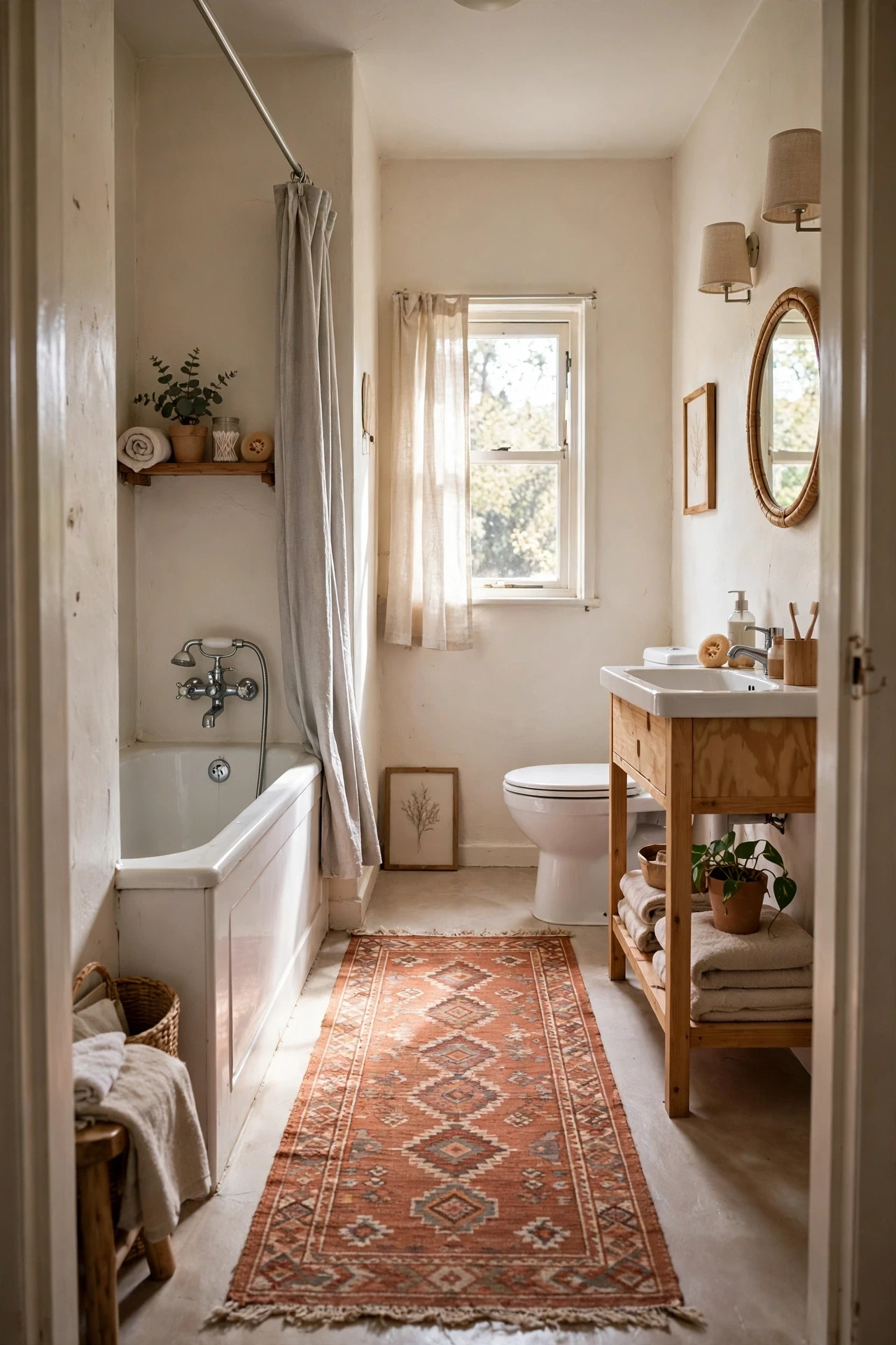 Terracotta patterned runner rug down a long narrow bathroom