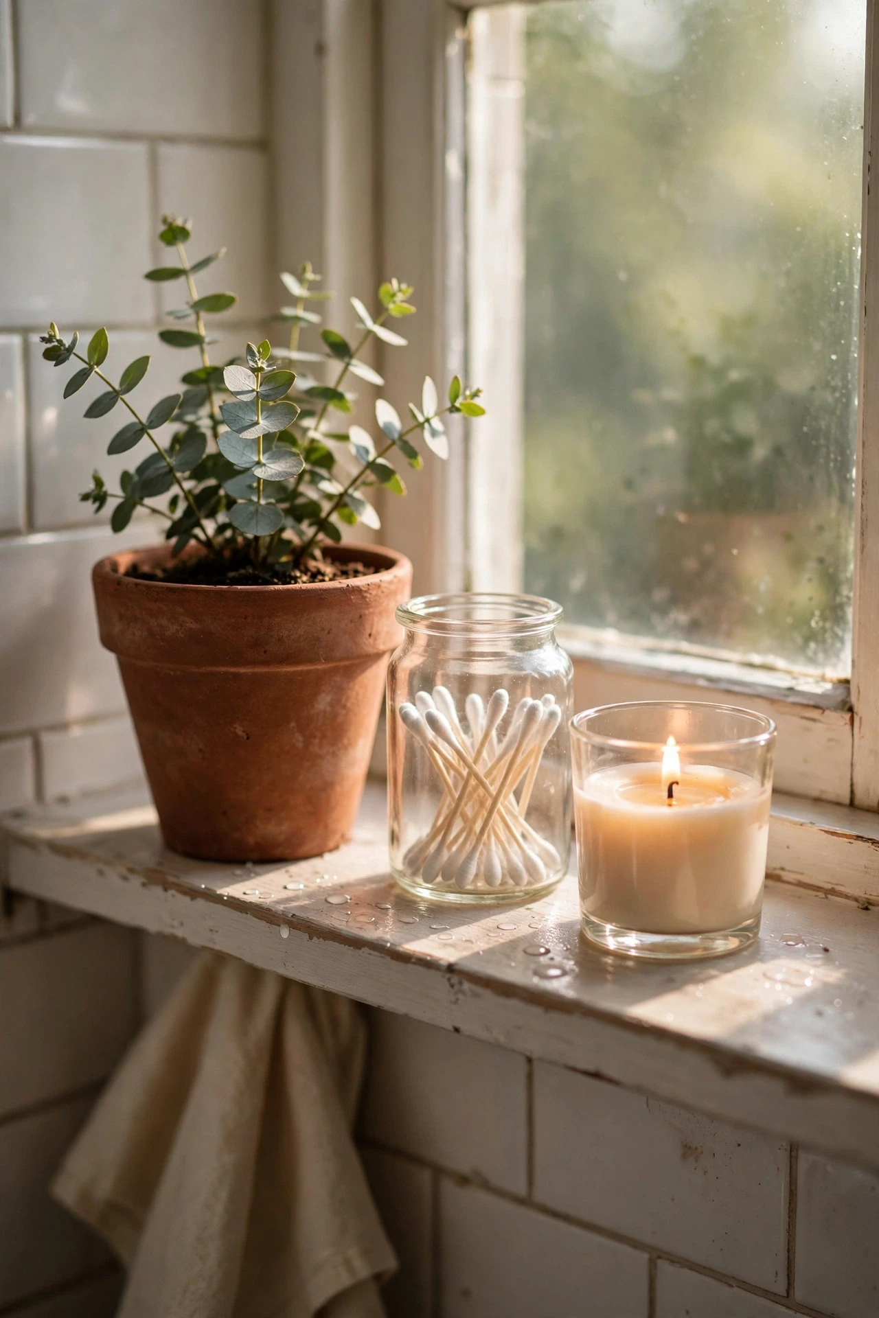 Bathroom windowsill with terracotta pot, glass jar and candle
